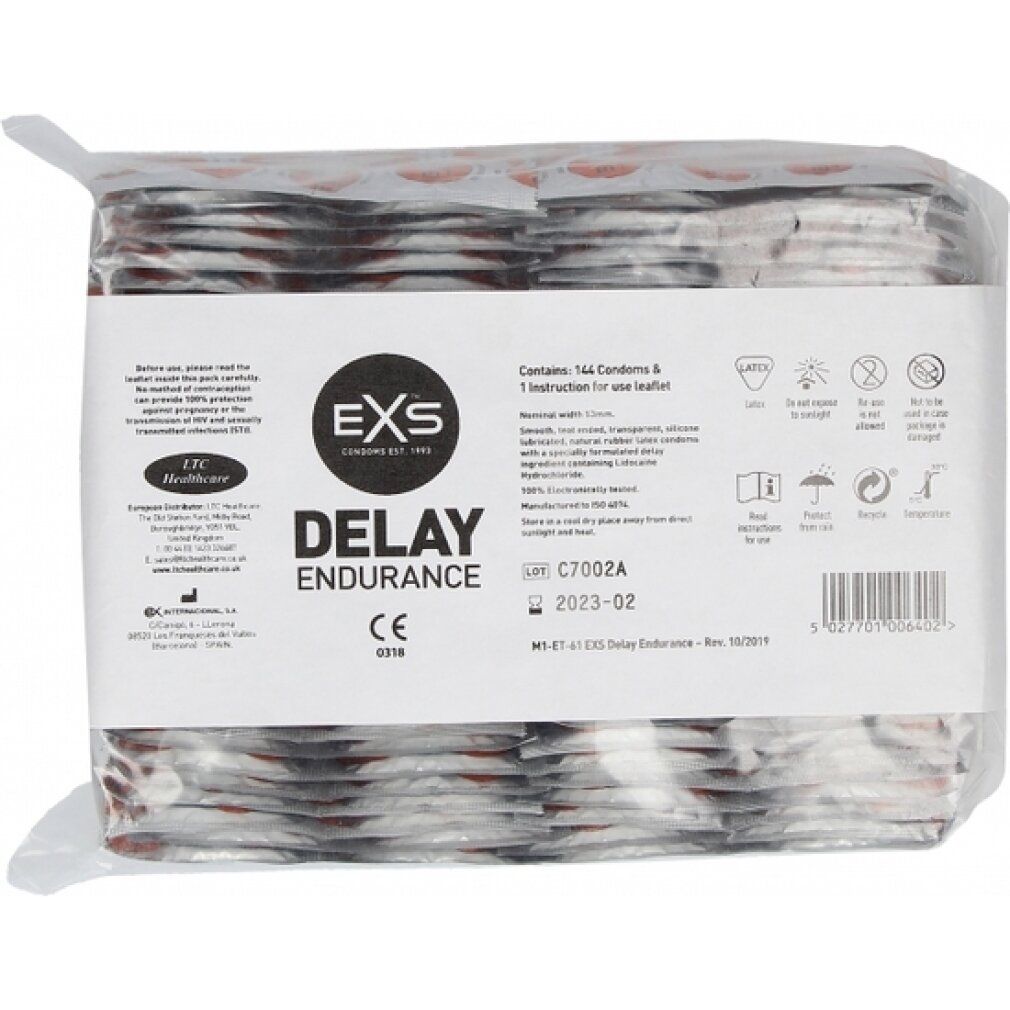 Große Packung Kondome in Folienverpackung. Text: EXS Delay Endurance. Enthält 144 Kondome und eine Anleitung.