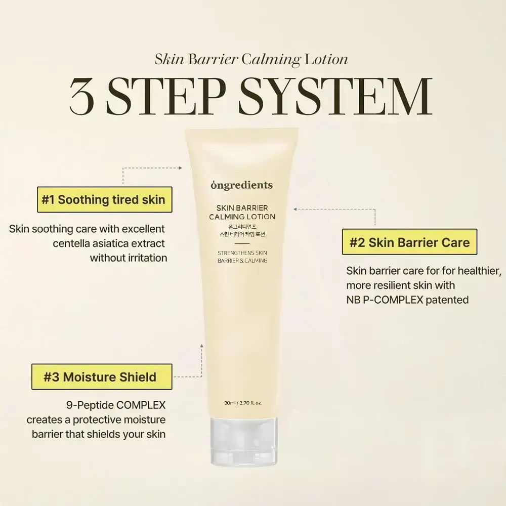 Produkt-Tube mit Text und Diagramm. Beschriftung: Skin Barrier Calming Lotion. 3-Step System. Pfeile zeigen auf Text.