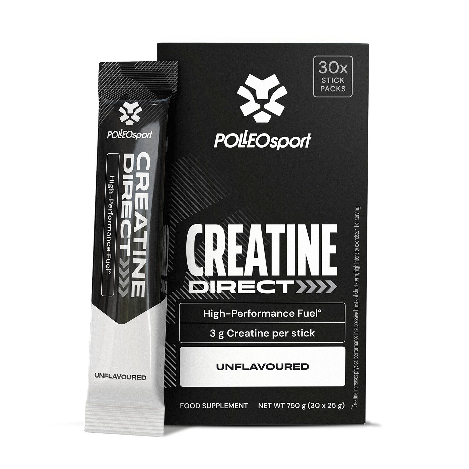 Schwarze Verpackung mit "CREATINE DIRECT" und "POLEOSport" Logo. Einzelne Beutel mit "CREATINE DIRECT" und "UNFLAVOURED".