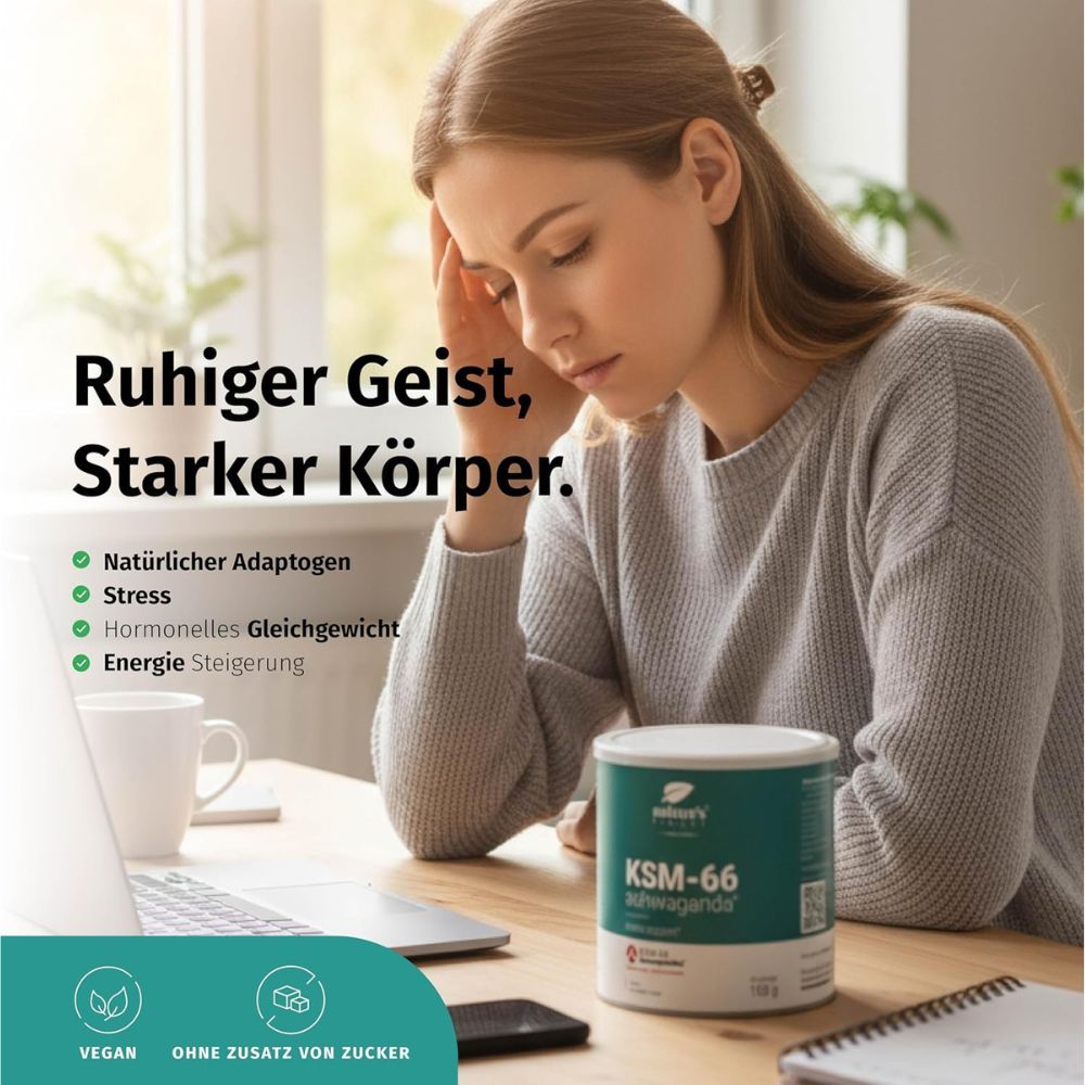 Nature's Finest KSM-66 Ashwagandha Dose mit detaillierten Etiketten.