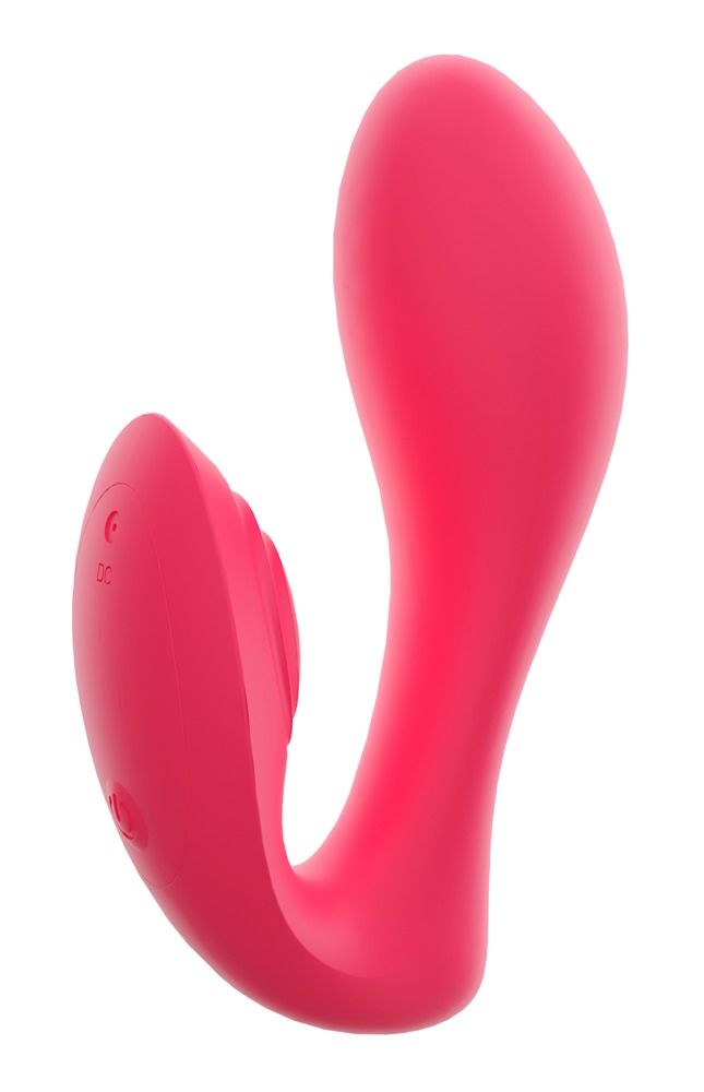 Rosa Vibrator. U-förmig mit zwei Enden. Auf einer Seite befinden sich Knöpfe.