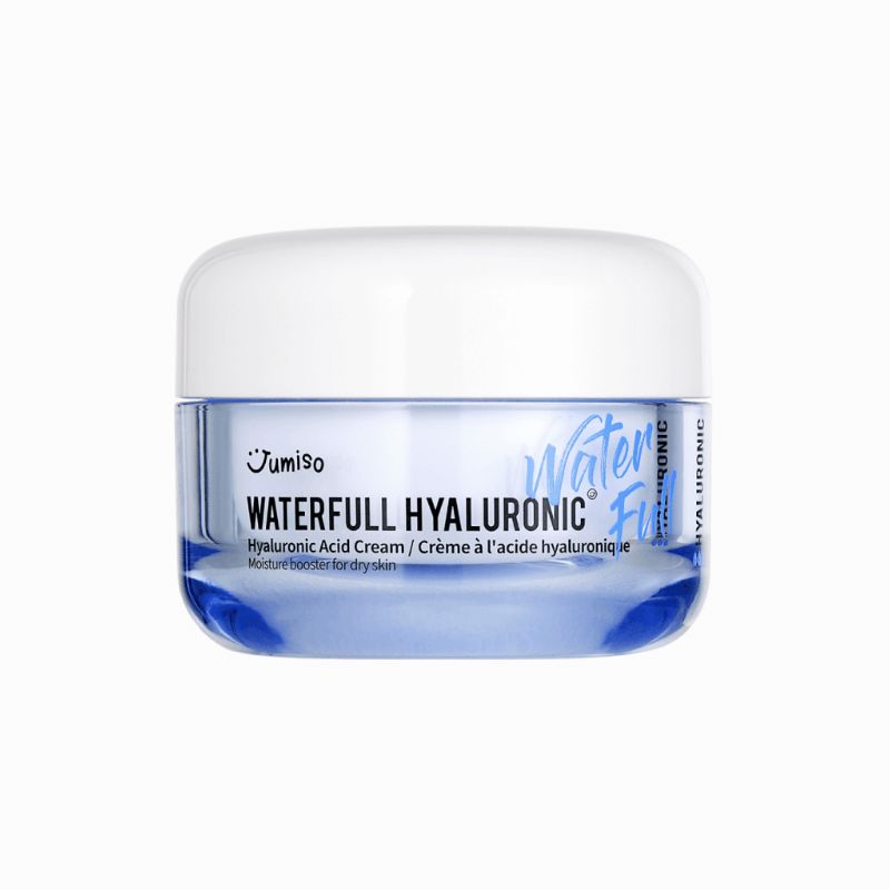 Blau-weiße Creme-Dose. Aufschrift: Waterfull Hyaluronic. Text: Hyaluronsäure-Creme. Feuchtigkeitsbooster für trockene Haut.