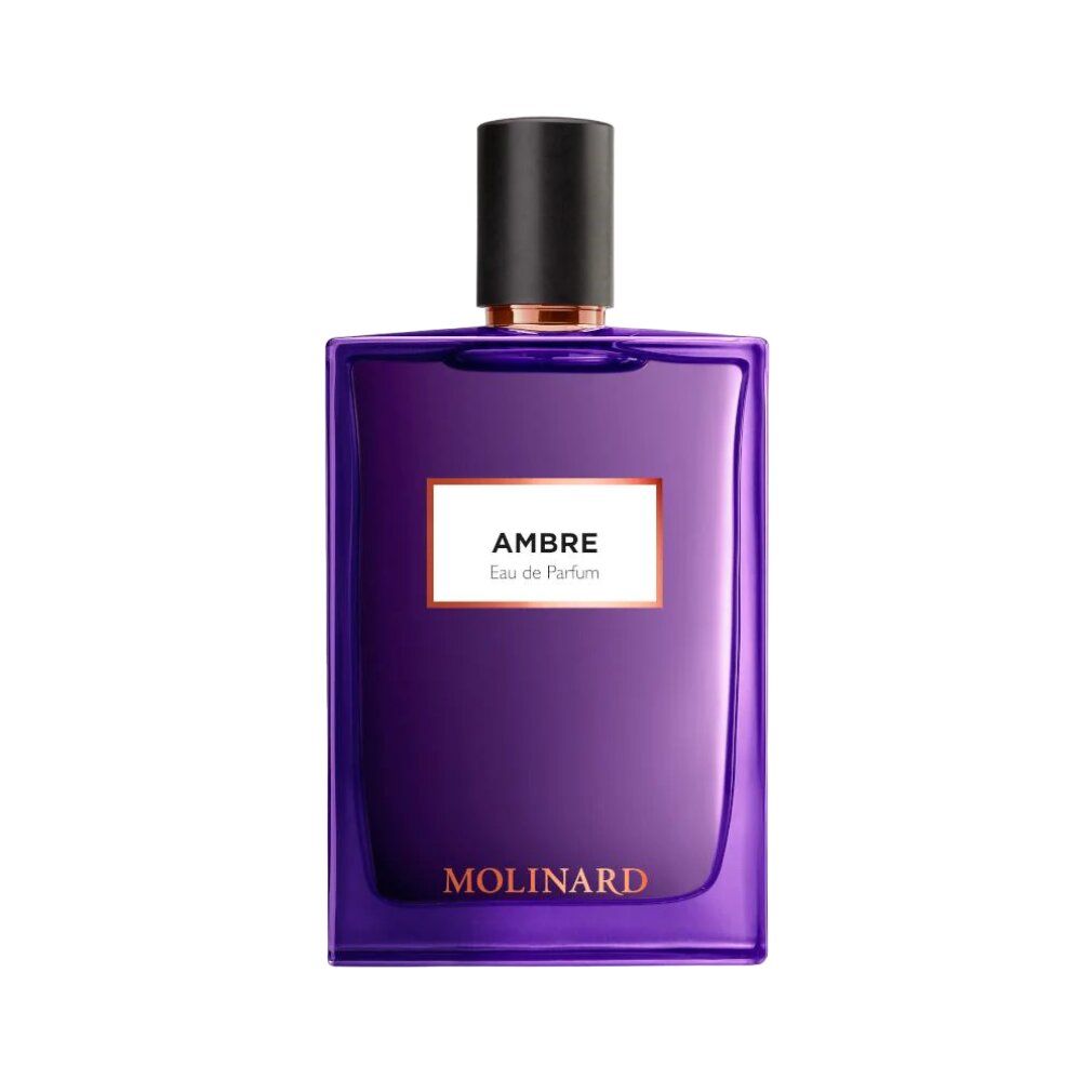 Violette Flasche mit schwarzem Verschluss. Aufschrift "AMBRE Eau de Parfum" und "MOLINARD".
