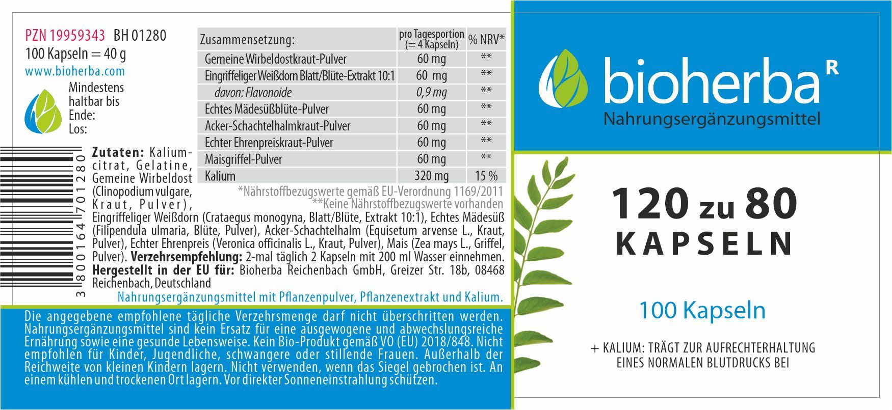 Etikett mit Produktinformationen. Bioherba, 120 zu 80 Kapseln, 100 Kapseln. Inhaltsstoffe, Nährwertangaben, Herstelleradresse.