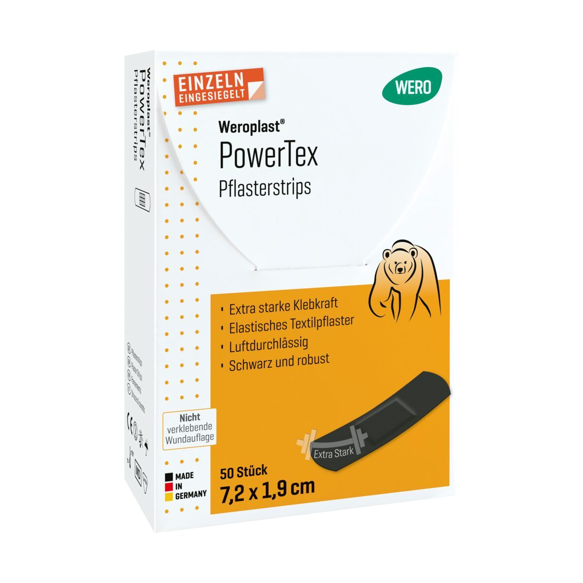 WERO PowerTex Pflasterstrips: 50 Stück, 7,2 x 1,9 cm. Schwarzes, elastisches Textilpflaster mit extra starker Klebkraft.