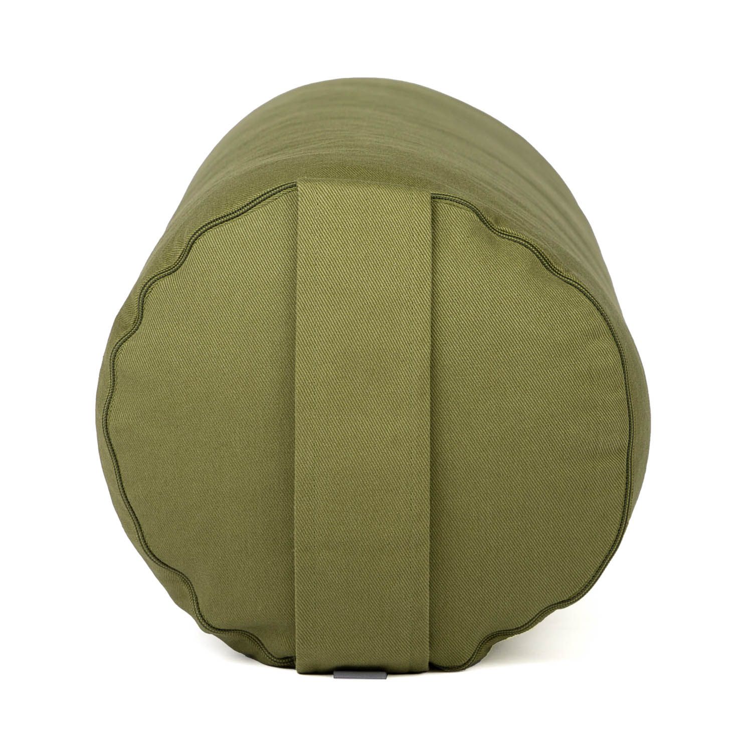 Yoga-Bolster, olivgrün, rundes Ende. Stoff mit Naht und Trageschlaufe. Kapok-Füllung.
