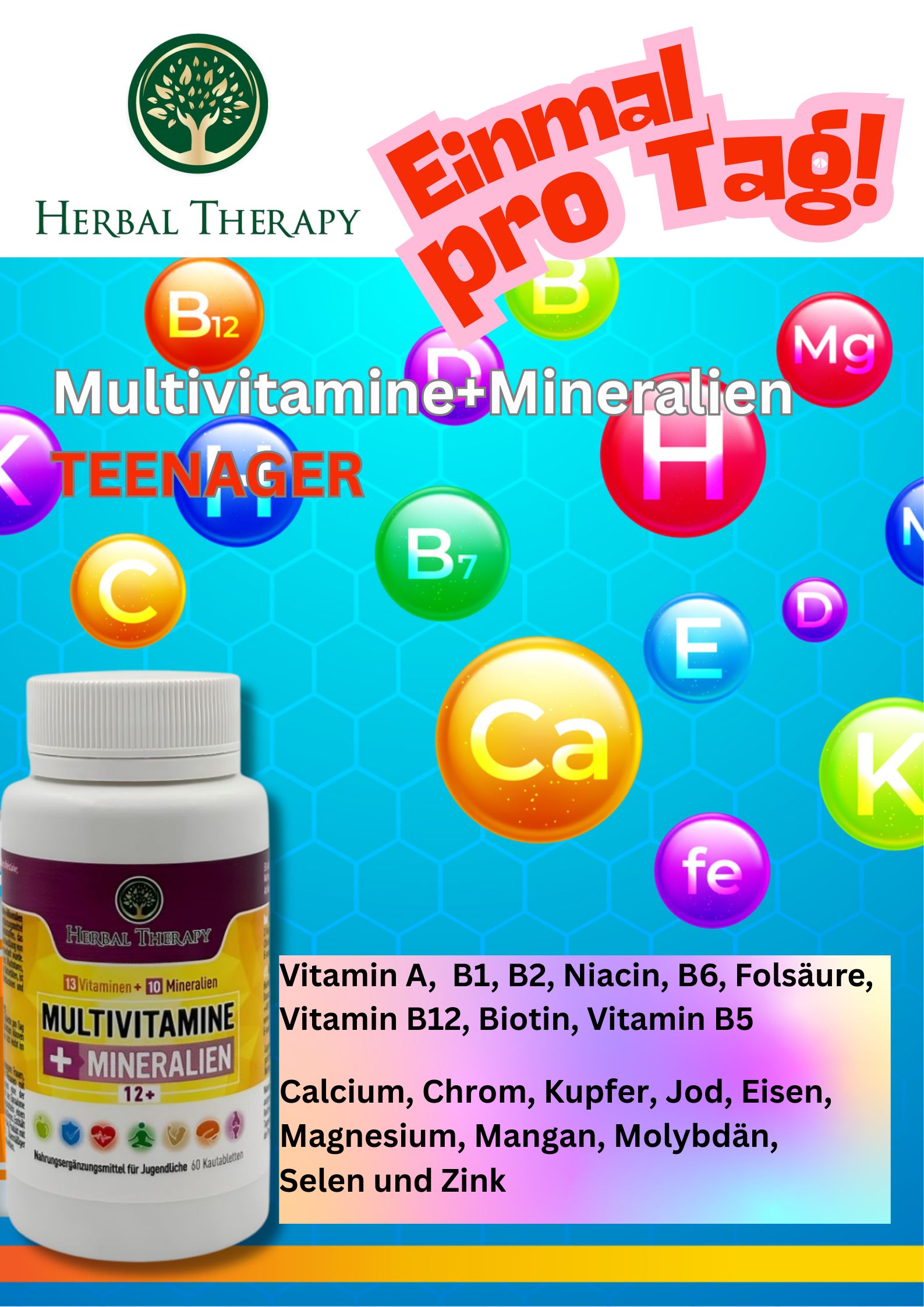 Flasche Herbal Therapy Multivitamine + Mineralien 12+ mit Vitamin- und Mineralien-Illustrationen. Text: Einmal pro Tag! Für Teenager.