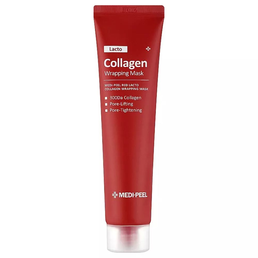 Rote Tube mit "Lacto Collagen Wrapping Mask" Aufschrift. Enthält 300Da Kollagen, Porenstraffung.