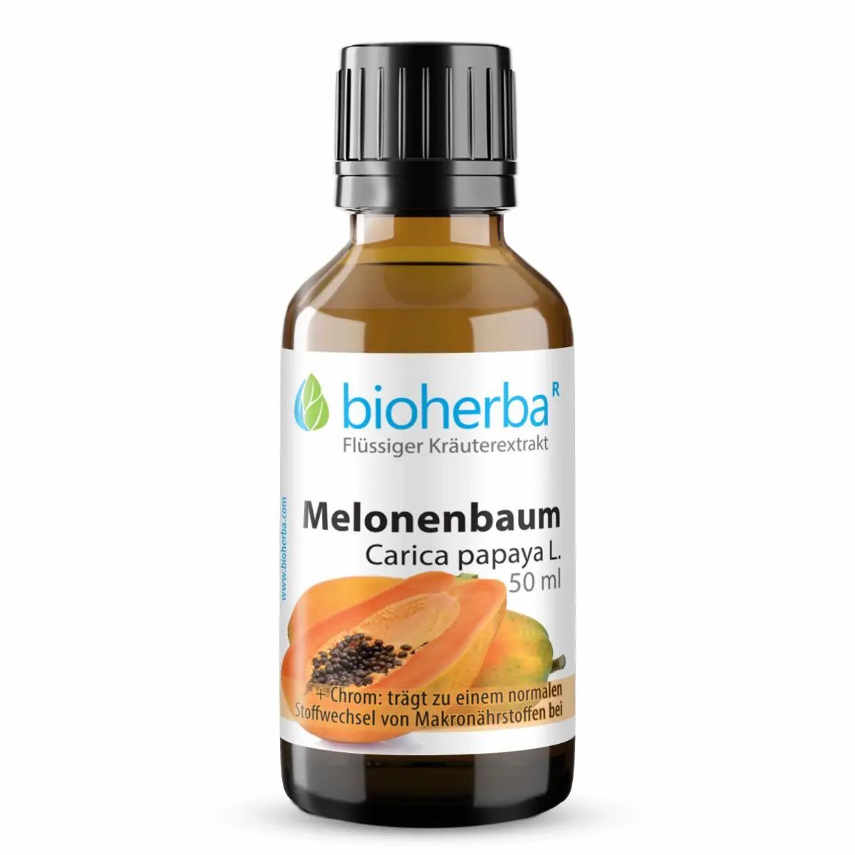 Braune Glasflasche mit schwarzem Deckel. Etikett mit Produktname, Papaya-Illustration und "bioherba" Logo.