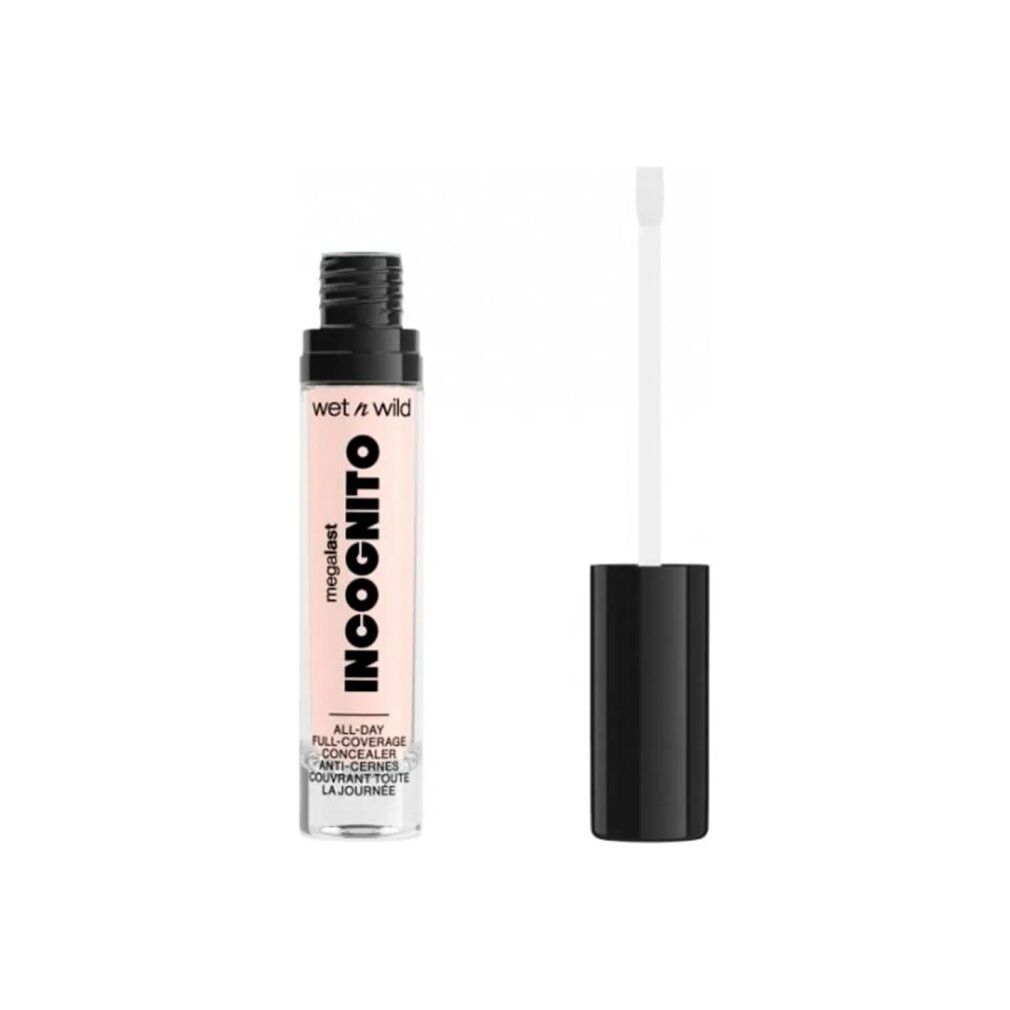 Concealer-Fläschchen mit schwarzem Deckel und Applikator. Aufschrift: Incognito, Wet n Wild. Vollabdeckung.