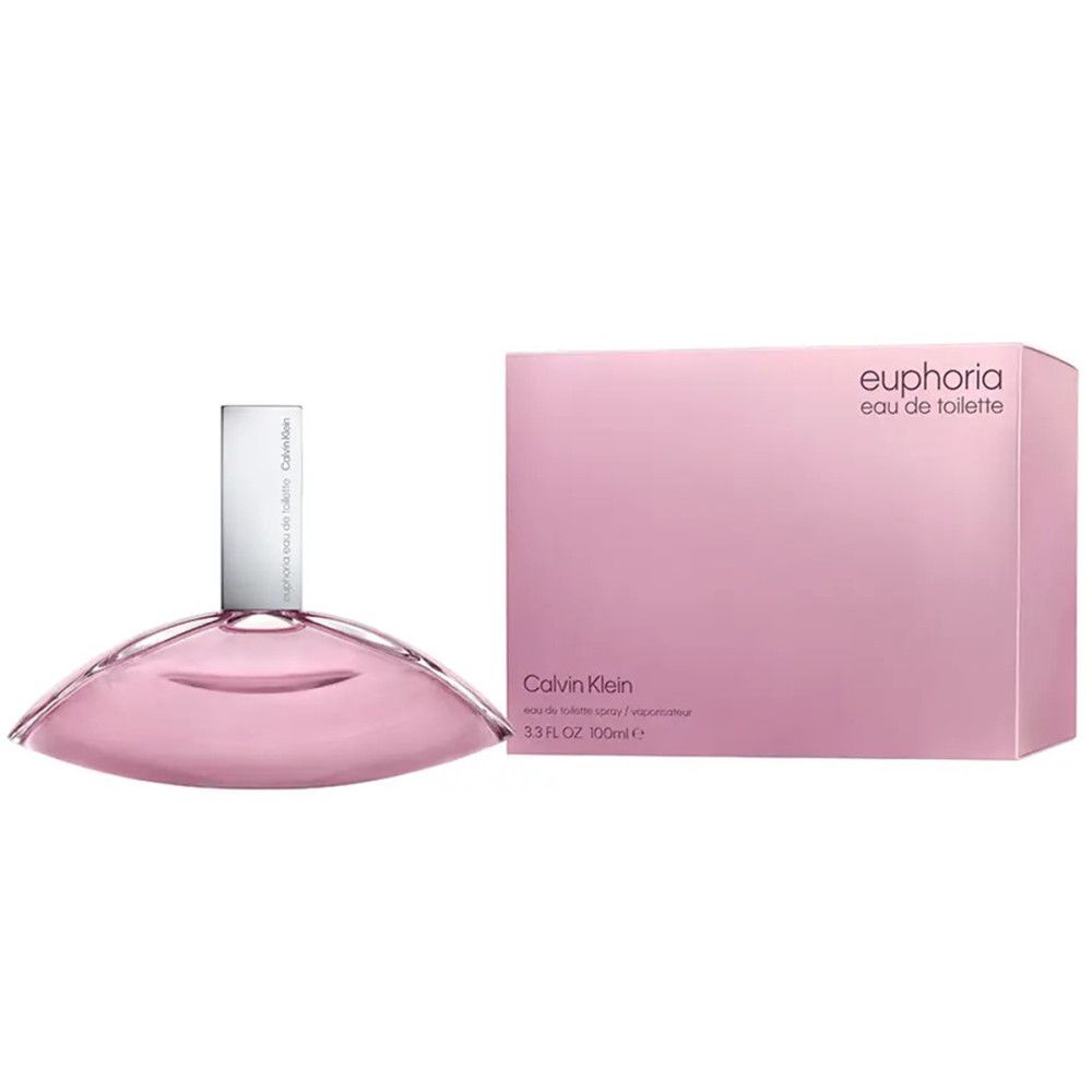 Rosa Flakon und Verpackung. Flakon mit silbernem Verschluss. Verpackung mit "euphoria eau de toilette" und "Calvin Klein" Schriftzug.