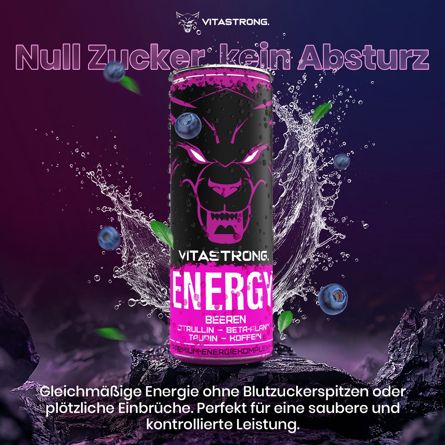 Vitastrong Energy Berries. Sportler, Yoga, Tennis. Energie für Körper und Geist. Text.