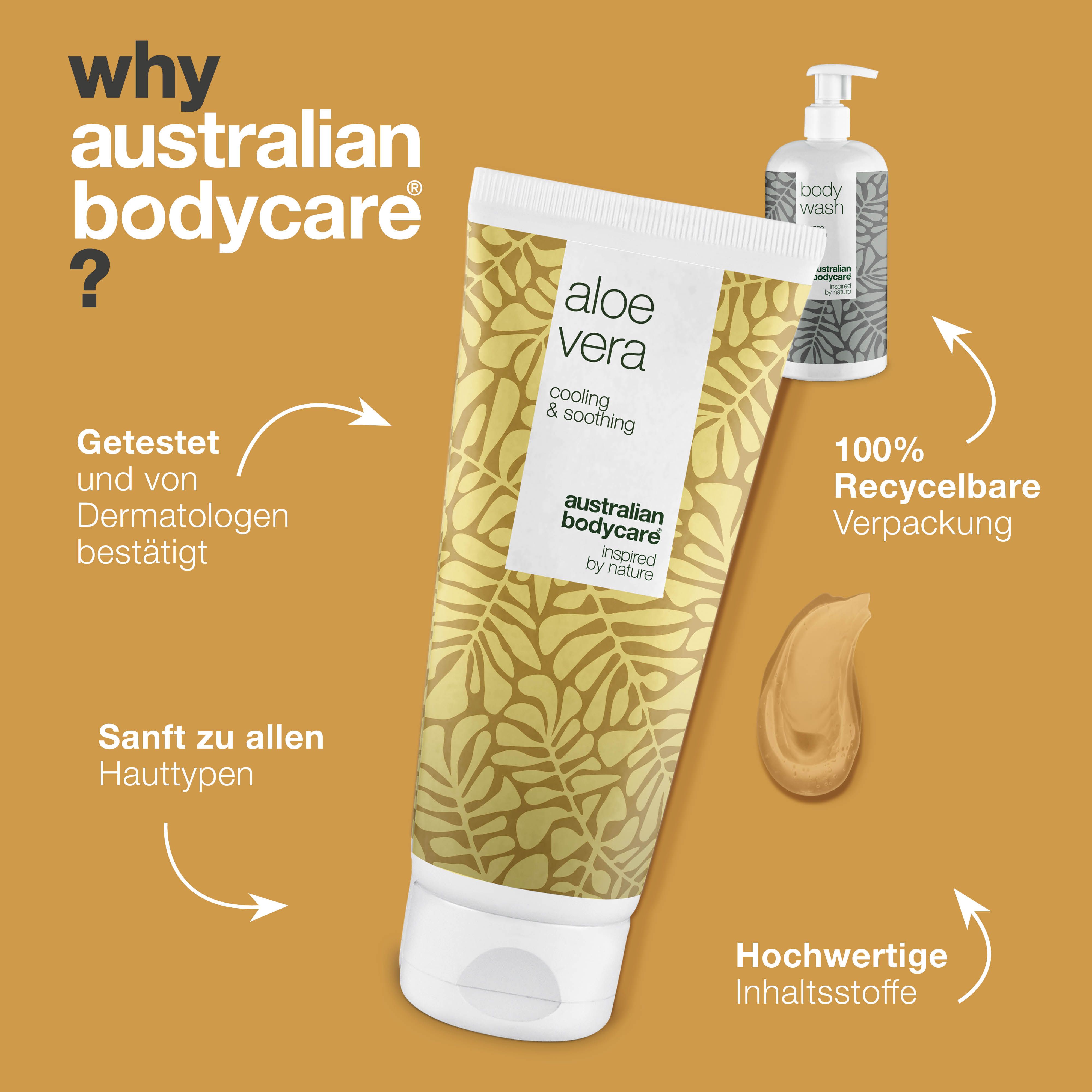 Produktabbildung: Aloe Vera Gel und Body Wash. Text mit Vorteilen. Gelber Hintergrund.