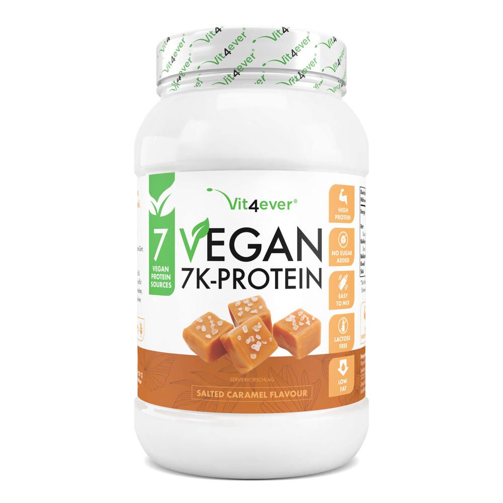 Weiße Dose mit grünem Etikett. Aufschrift: 7 Vegan 7K-Protein. Abbildung von Karamellstücken. Deckel mit Logo.