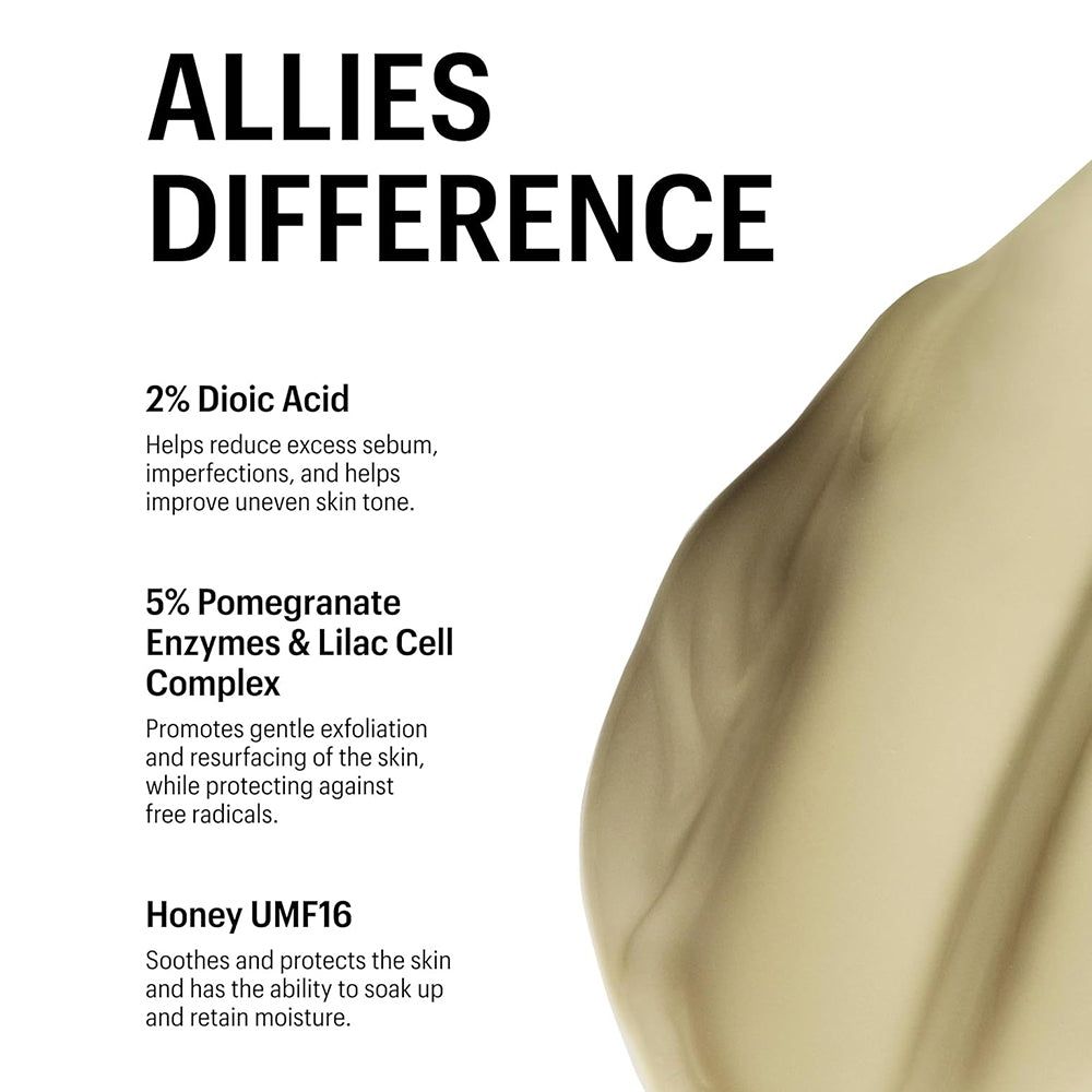 Text auf weißem Hintergrund: „ALLIES DIFFERENCE“. Darunter Inhaltsstoffe und deren Wirkung: 2% Dioic Acid, etc.