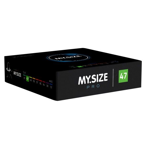 Schwarze Schachtel mit MY.SIZE PRO und 47mm. Größenangaben von Slim bis Wide mit Farbcode.