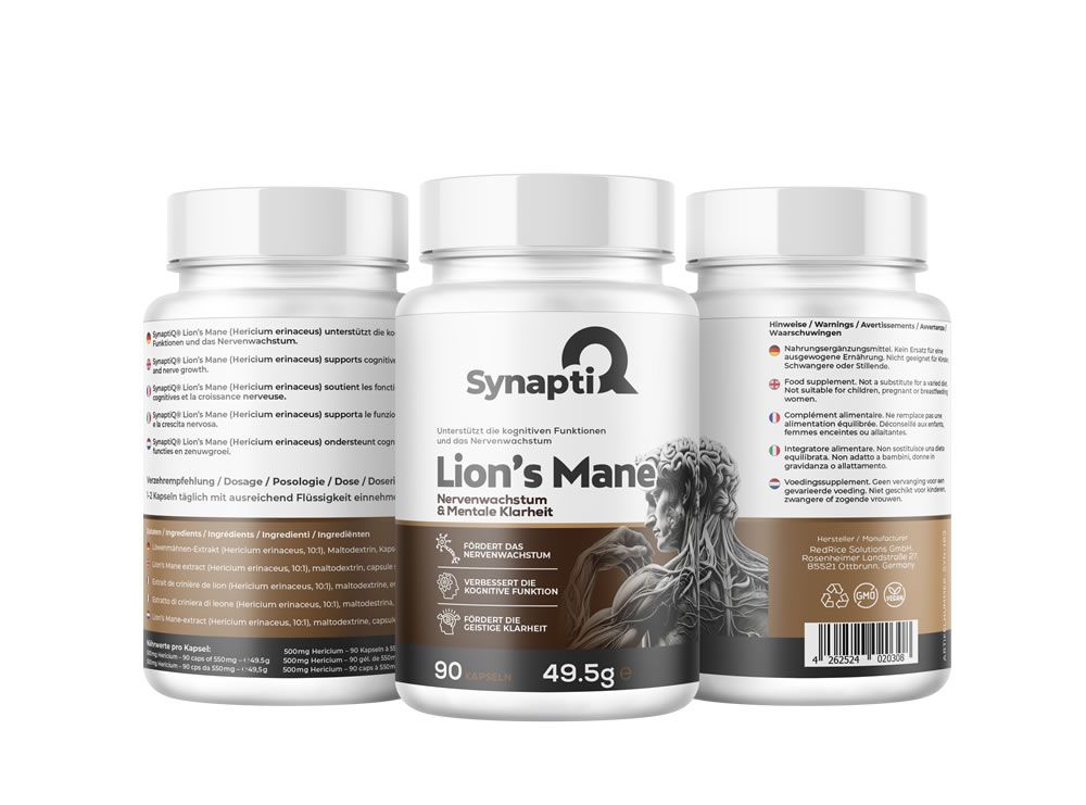 Drei weiße Pillenbehälter mit Aufschrift SynaptiQ und Lion's Mane. Enthält 90 Kapseln, 49,5g. Illustration eines Mannes.