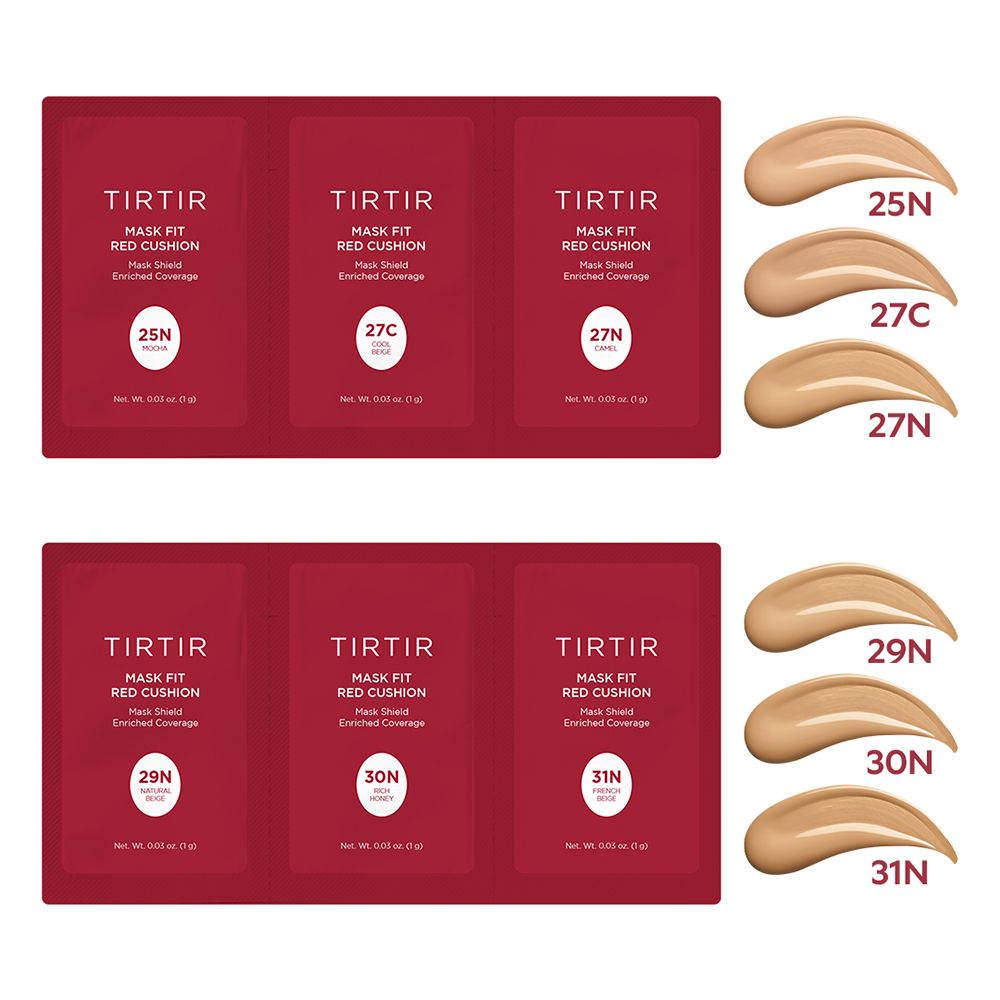 Sechs kleine, rote Verpackungen und Farbmuster. Text: TIRTIR, Mask Fit Red Cushion, Mask Shield, Enriched Coverage. Farbtöne: 25N, 27C, 27N, 29N, 30N, 31N.