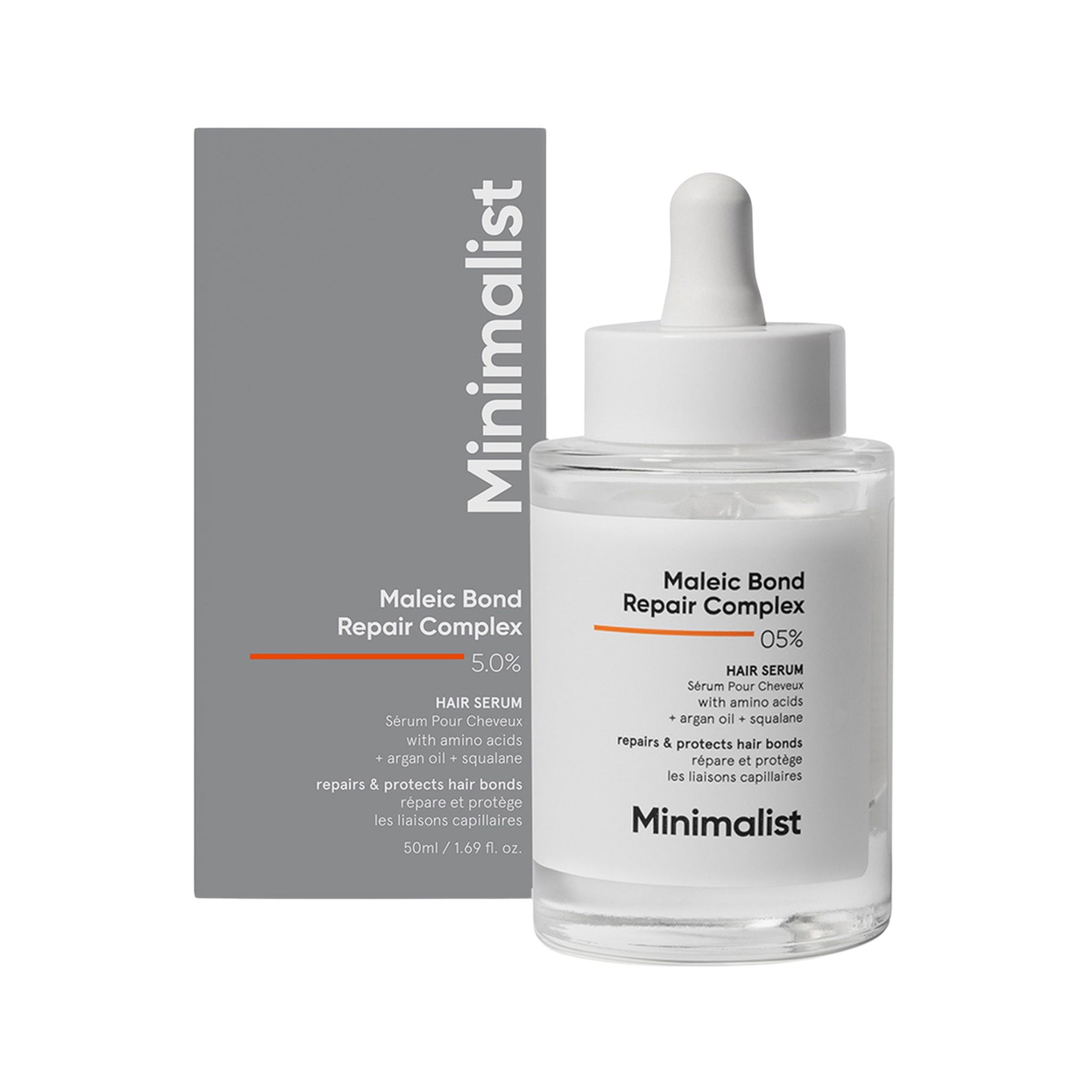 Haarserum-Flasche mit Karton. Aufschrift: Minimalist, Maleic Bond Repair Complex 05%. Enthält Arganöl und Squalan. Mit Pipette.