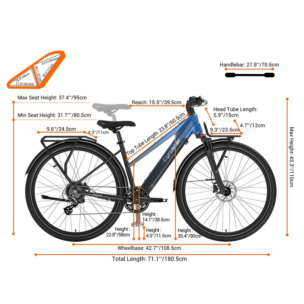 Elektrofahrrad Cyrusher Asuka mit Maßangaben. Gezeigt werden u.a. Lenker, Sattelhöhe, Radstand und Gesamtlänge.