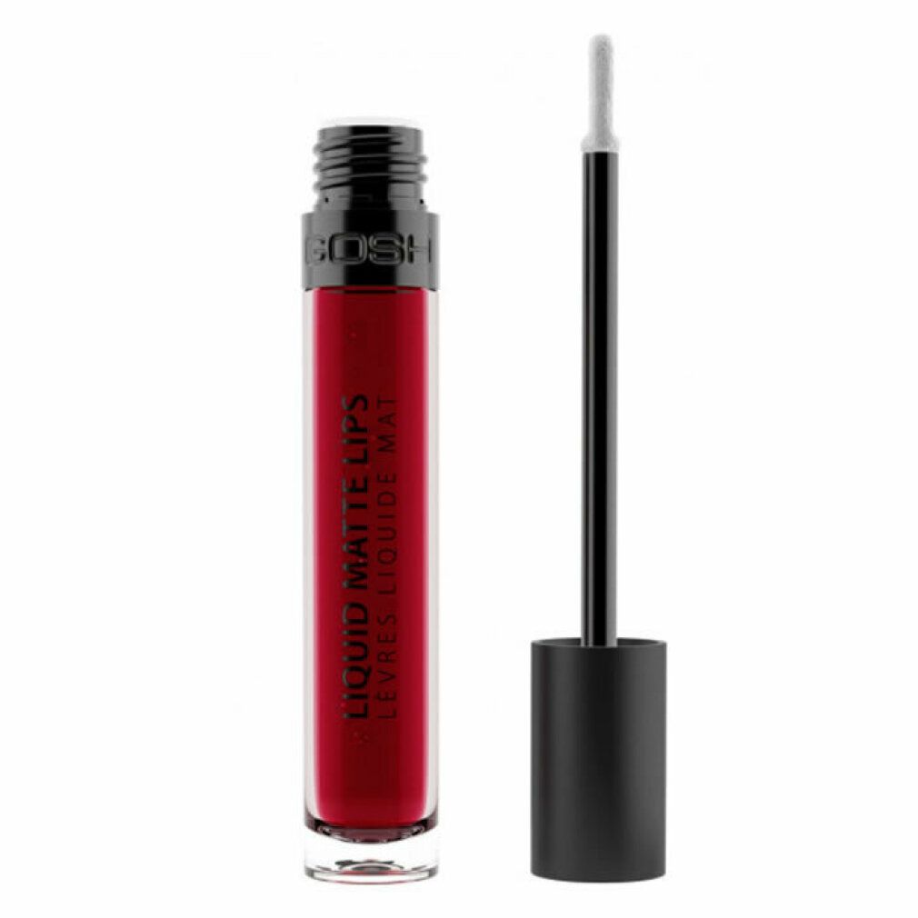 Roter Gosh Liquid Matte Lips. Flasche geöffnet, Applikator daneben. Schwarzer Deckel, transparente Flasche, roter Inhalt. Text: Liquid Matte Lips.