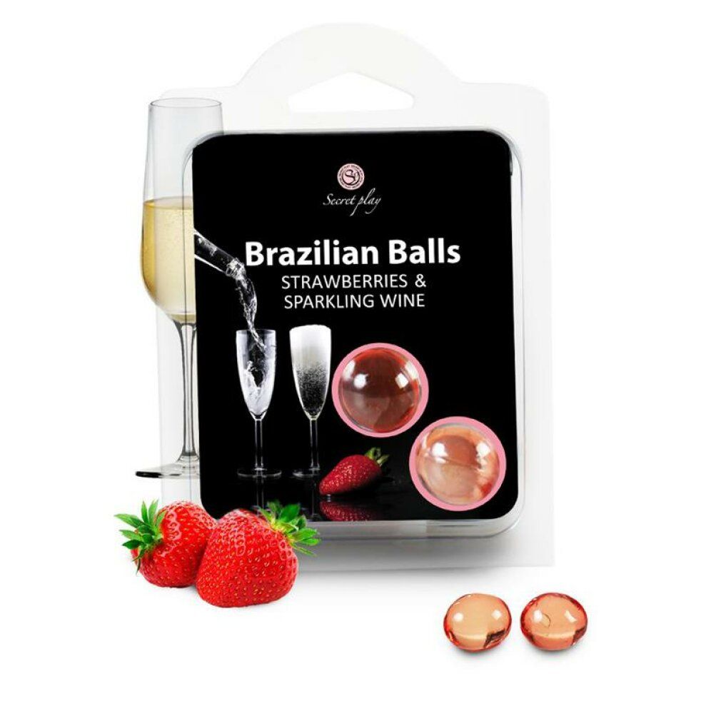 Secret Play Brazilian Balls Erdbeeren & Sekt in Blisterverpackung, mit Erdbeeren und Sektgläsern.