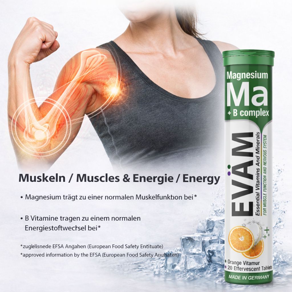Eine Frau zeigt ihren Bizeps. Daneben eine Tube EVÄM Magnesium + B Complex. Text: Muskeln & Energie. Orangen-Abbildung.