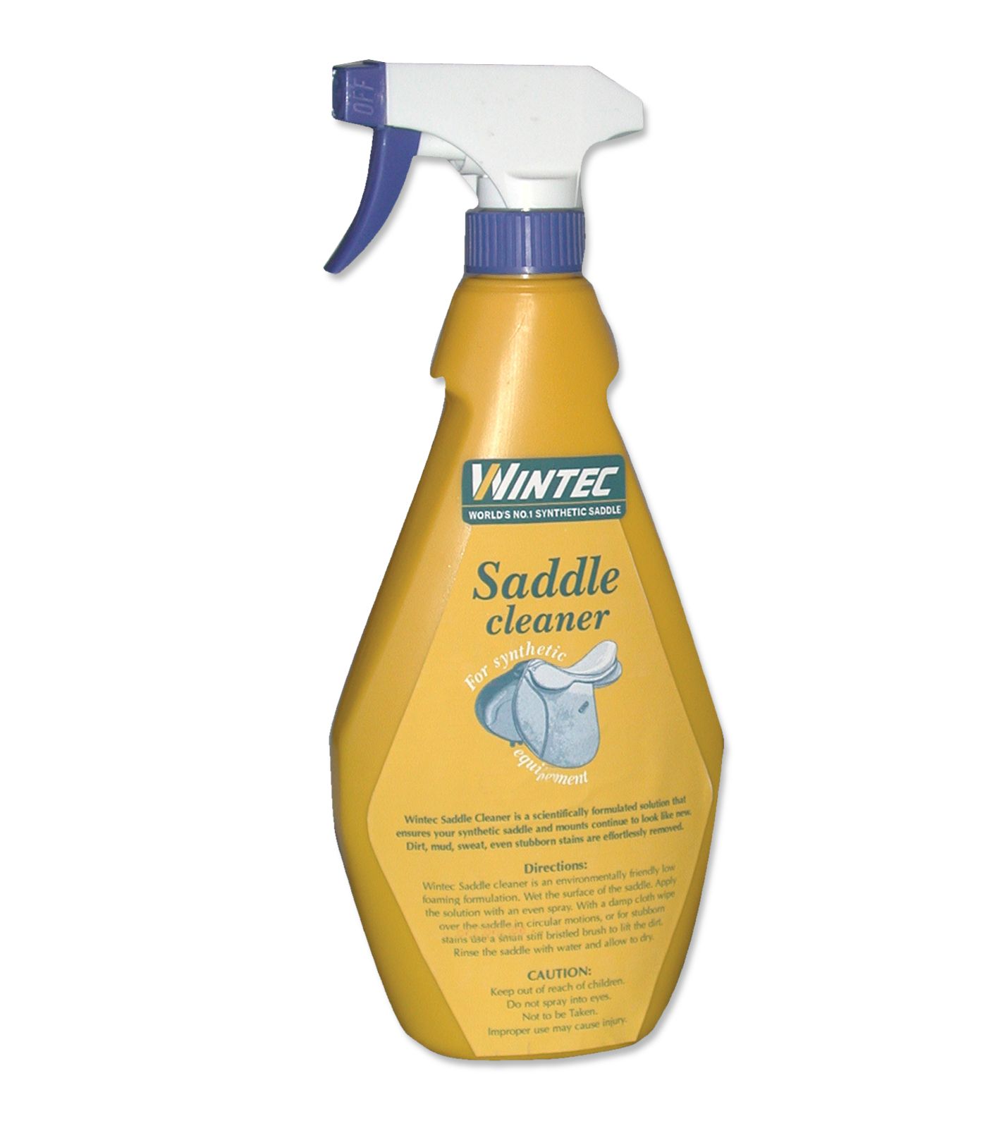 Gelbe Sprühflasche mit blauem Sprühkopf. Aufschrift: Wintec Saddle cleaner. Für synthetische Sättel.