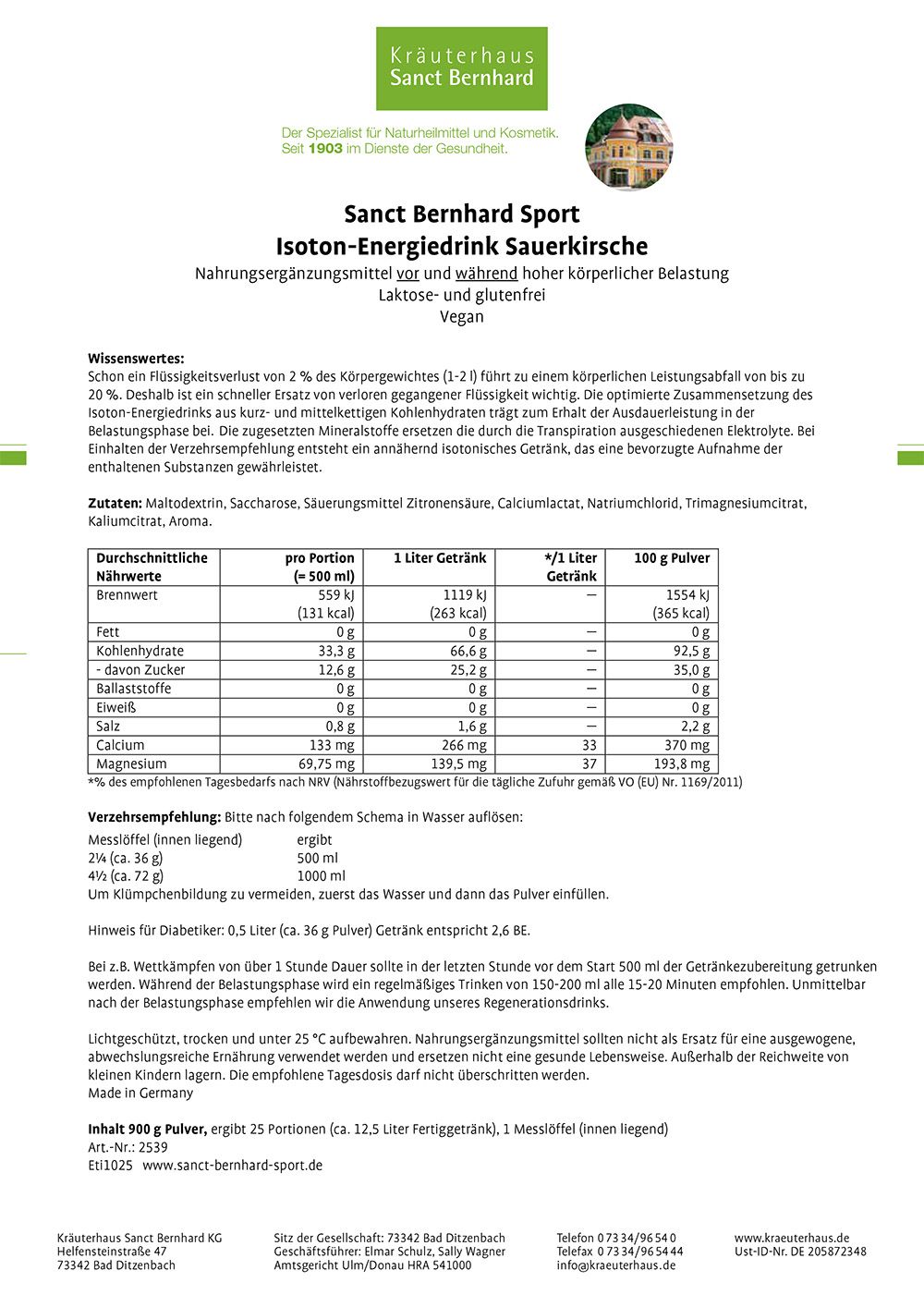 Produktinformationen des Isoton-Energiedrinks. Text mit Nährwertangaben, Inhaltsstoffen und Zubereitungshinweisen. Enthält Tabellen und Textabschnitte.