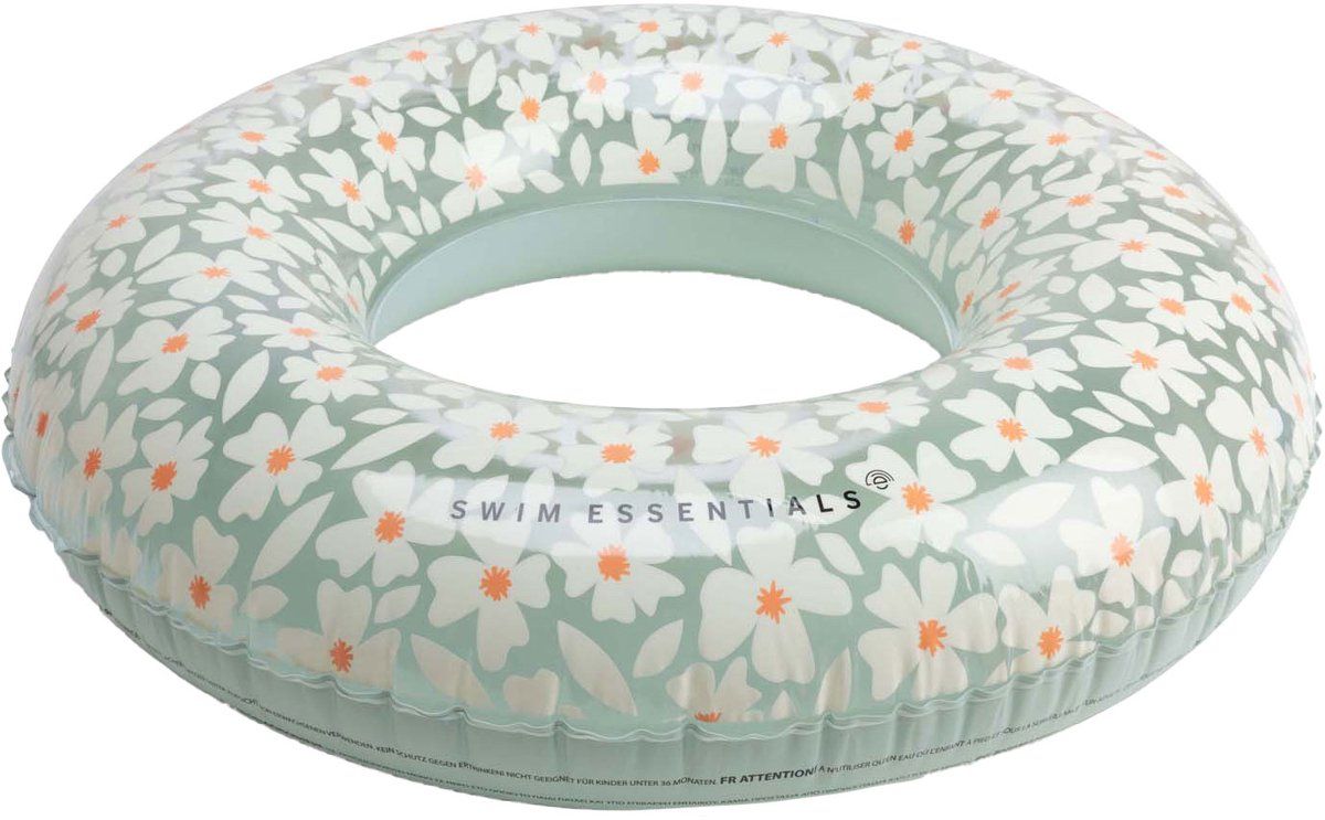 Hellgrüner Schwimmring mit weiß-orangem Blumenmuster. Marke 'Swim Essentials' sichtbar.