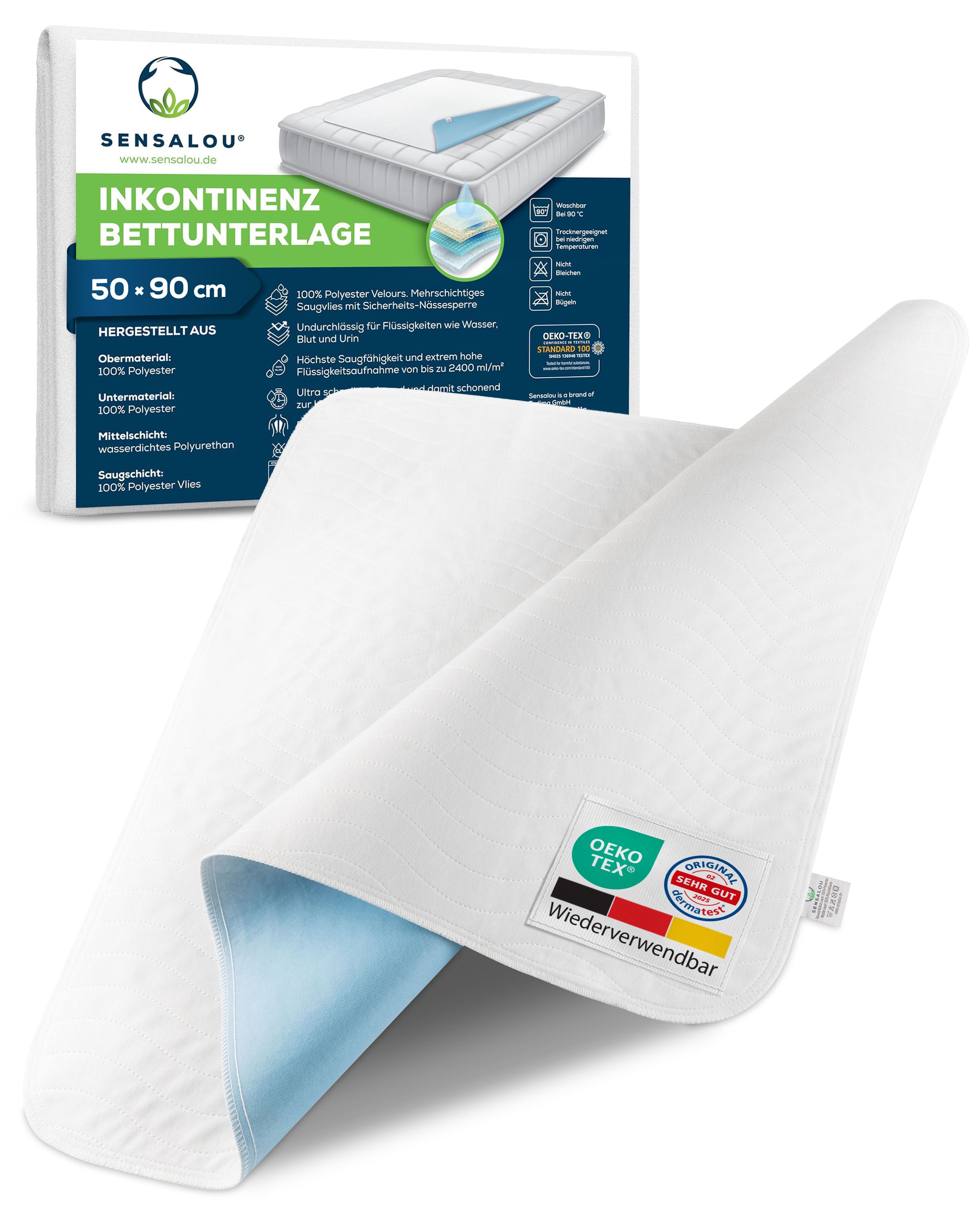 Weiße Inkontinenz-Bettunterlage mit blauem Untergrund. Oeko-Tex-Zertifizierung. Wiederverwendbar.