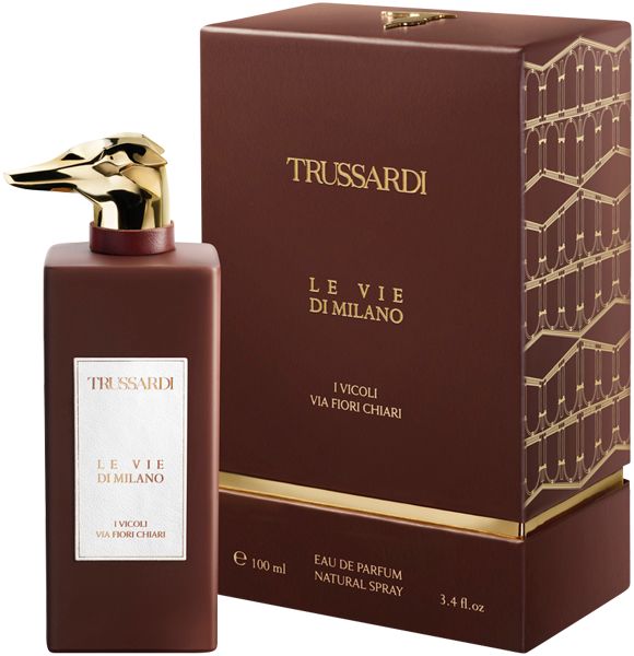 Trussardi Le Vie Di Milano Eau de Parfum Flakon und Schachtel. Braune Flasche mit goldenem Sprühkopf und weißem Etikett.
