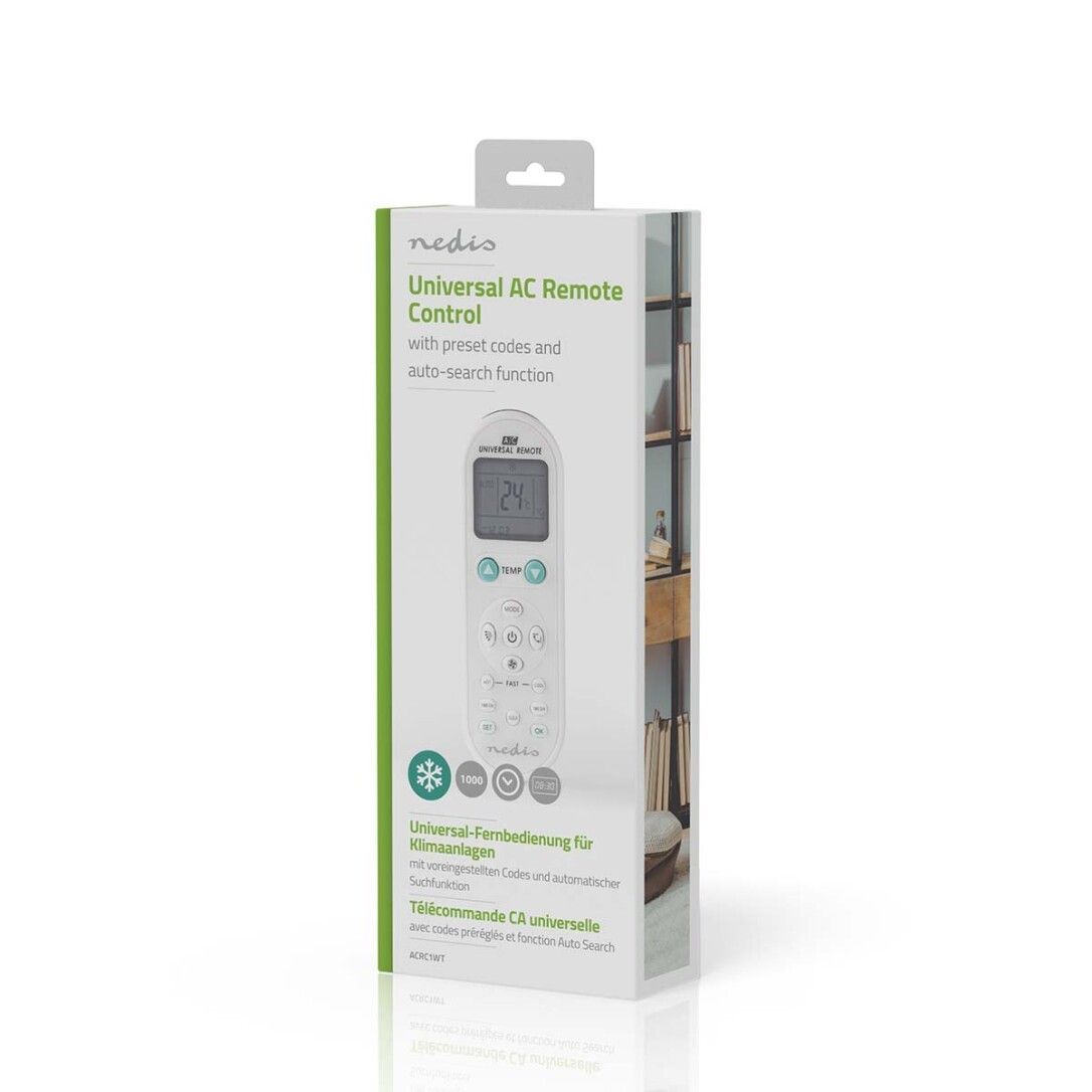 Verpackung der Fernbedienung. Text: Universal AC Remote Control, mit Voreinstellungen und Auto-Suchfunktion. Marke: Nedis.