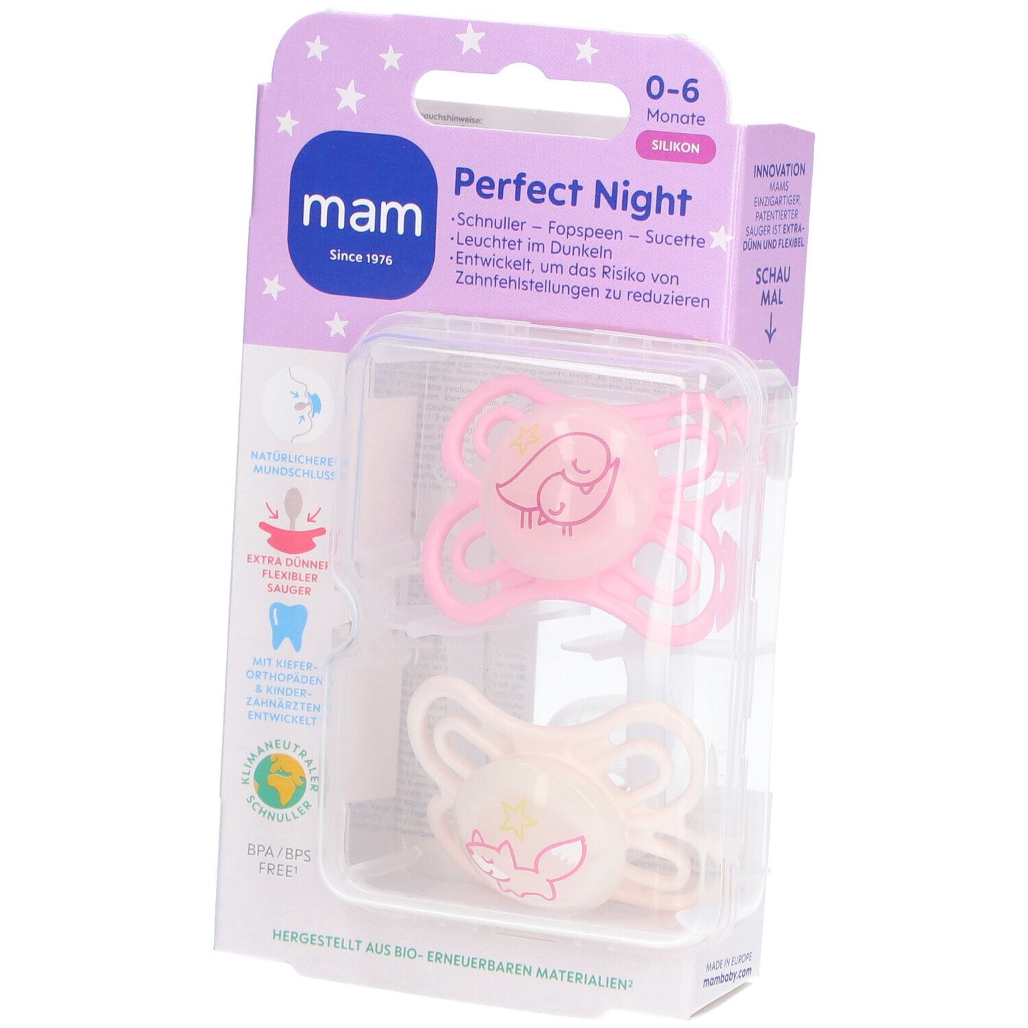 MAM Perfect Night Silikonschnuller 0-6 Monate, rosa/creme