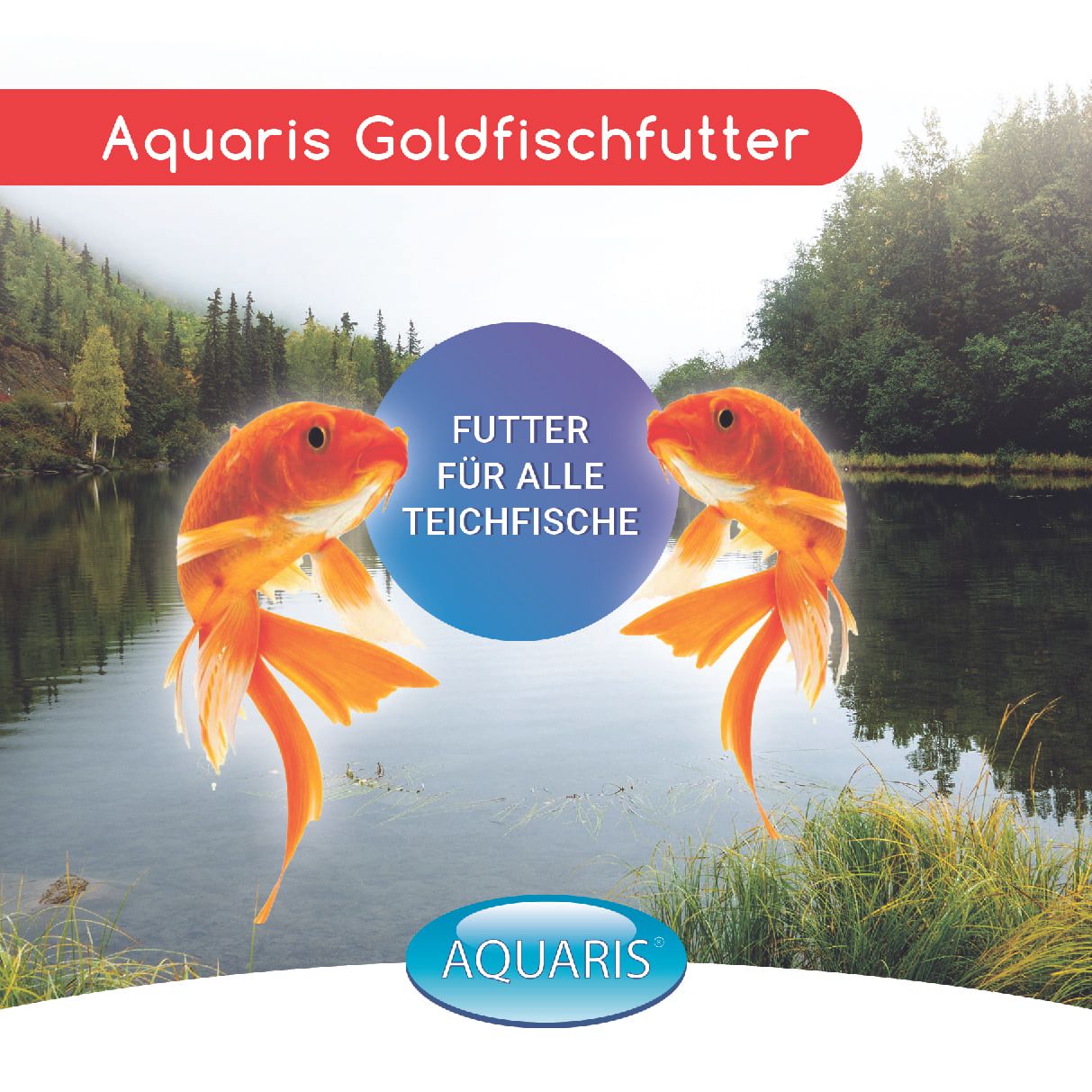 Verpackung mit Aquaris Goldfischfutter. Zwei Goldfische vor See. Text: Futter für alle Teichfische.
