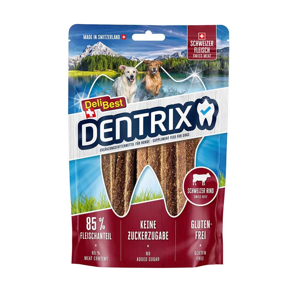 Verpackung mit DeliBest DENTRIX Rind. Enthält 85% Fleischanteil, ohne Zuckerzusatz, glutenfrei. Schweizer Fleisch.