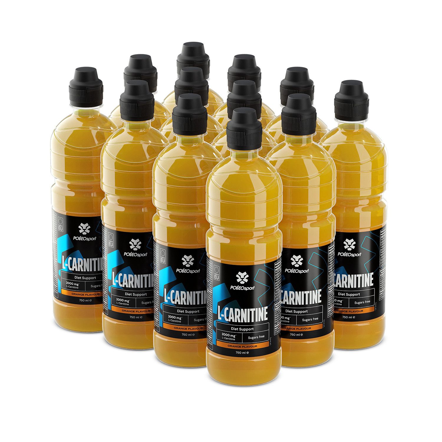 Mehrere Flaschen gelbes Getränk mit schwarzem Deckel. Etikett mit Text: L-Carnitine, 3000 mg + Carnitin, Orange Flavour.