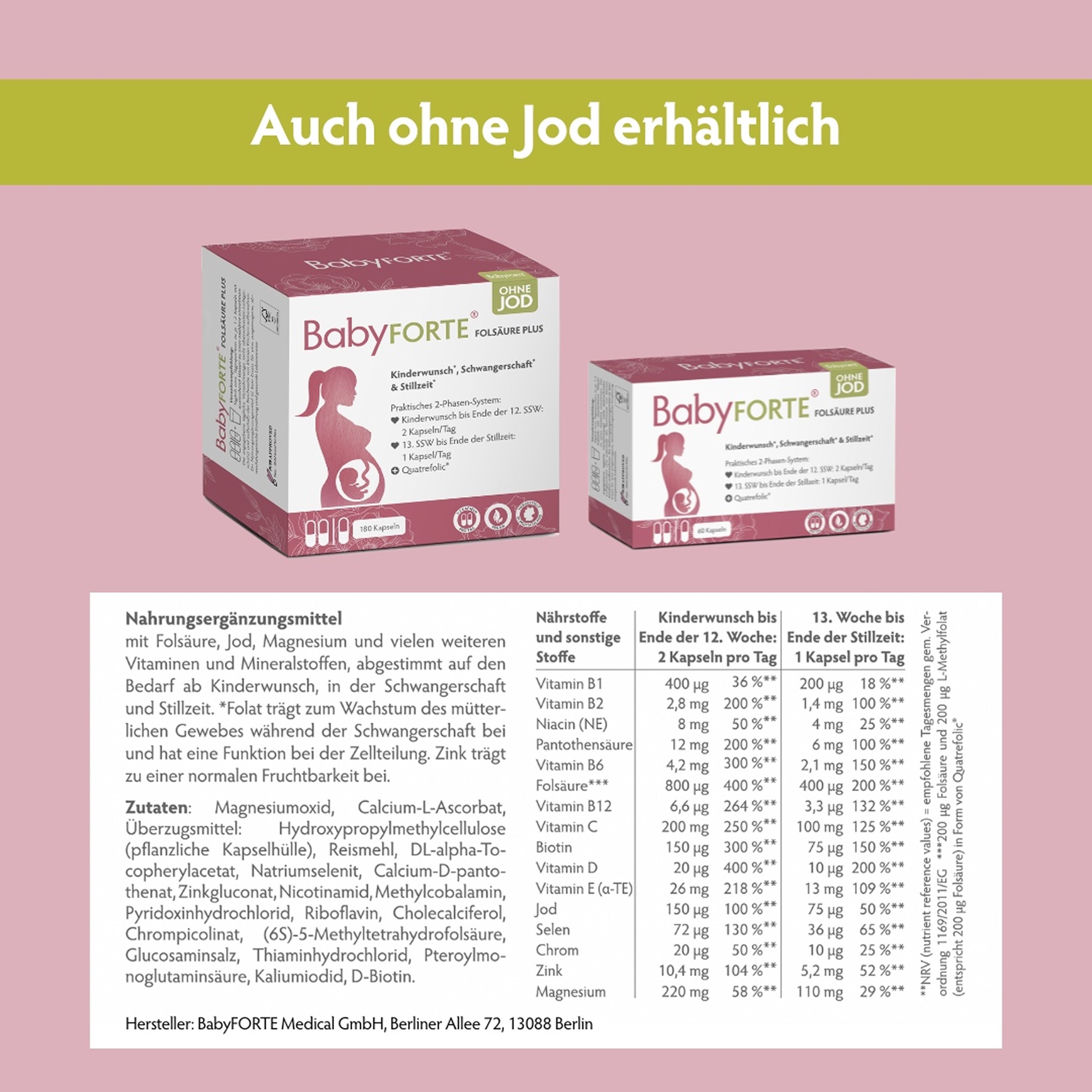 Zwei BabyFORTE-Boxen. Tabellen mit Nährwertangaben und Inhaltsstoffen. Text: Auch ohne Jod erhältlich.
