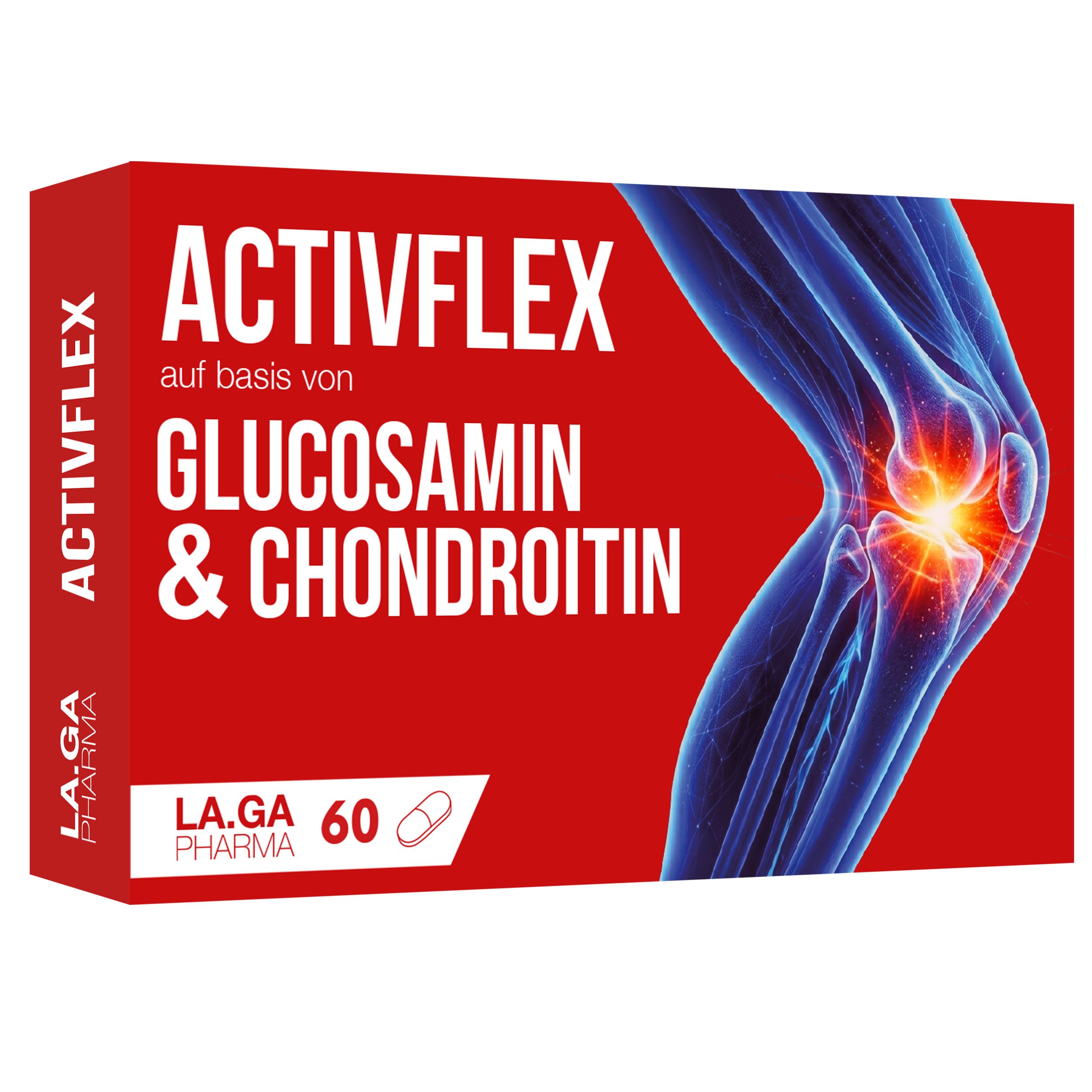 Verpackung von Activflex mit Glucosamin & Chondroitin, zeigt Kniegelenk.