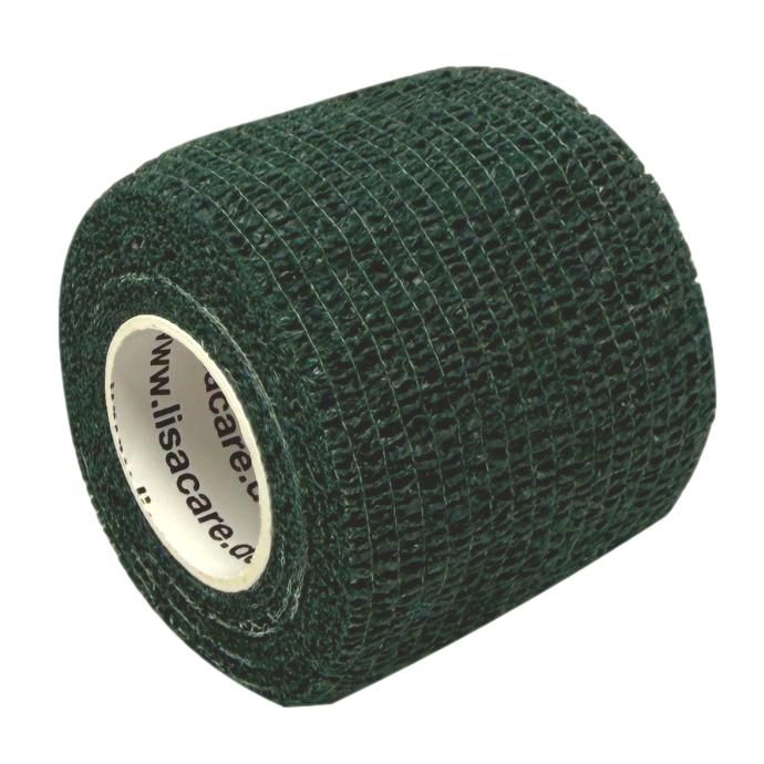 Dunkelgrüne LisaCare-Bandage auf Rolle. Produktansicht, Nahaufnahme. Text: www.lisacare.de.