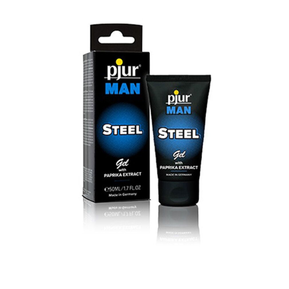 Schwarze Tube und Schachtel. Aufschrift: Pjur MAN STEEL Gel mit Paprikaextrakt. 50ml/1.7 fl.oz.