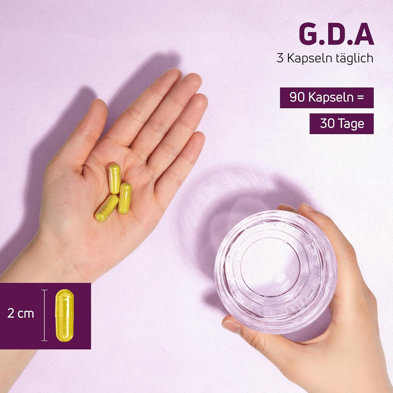 Hand mit 3 gelben Kapseln und Glas Wasser. Text: 3 Kapseln täglich. 90 Kapseln = 30 Tage. Kapsel: 2 cm.