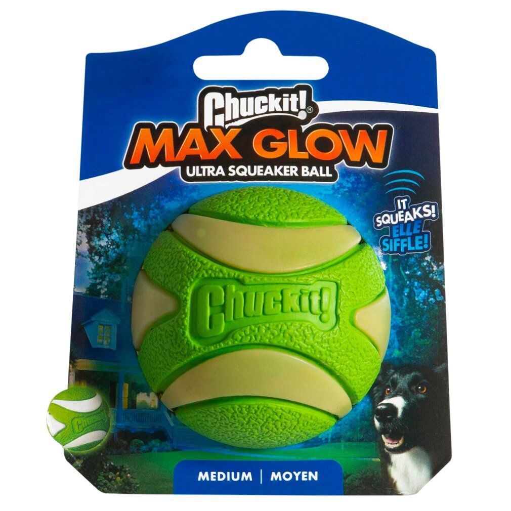 Grüner Chuckit! Max Glow Ultra Squeaker Ball. Beige Streifen. Medium Größe. Verpackung mit Produktnamen und Hund.