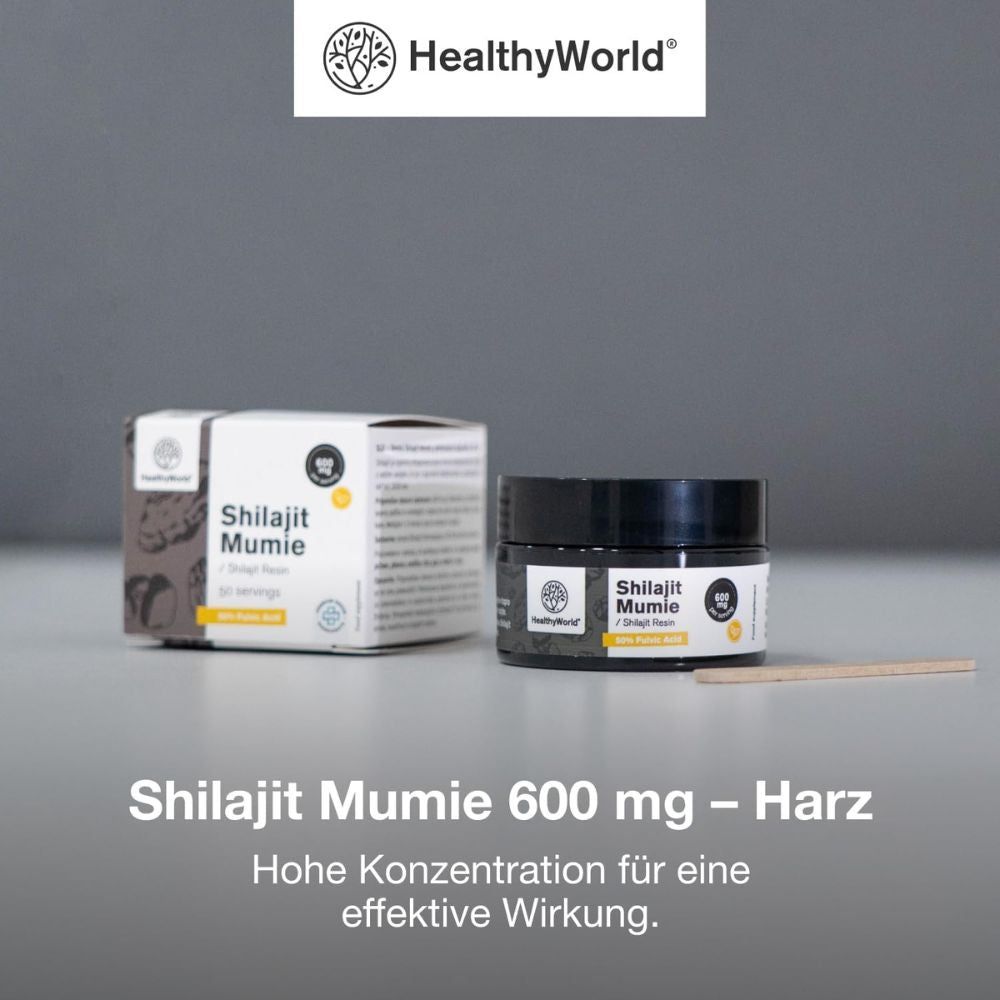 HealthyWorld Shilajit Mumie 600 mg Harz: Hohe Konzentration für effektive Wirkung.
