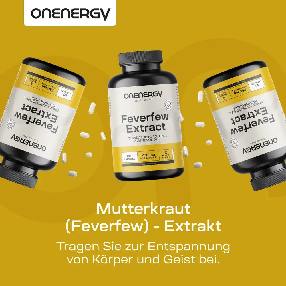 Flasche OnEnergy Mutterkraut Extrakt, 60 Kapseln, 0,8% Parthenolid.
