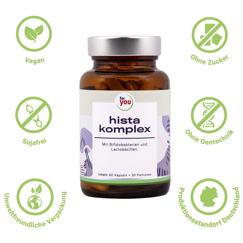 Braune Flasche „for you Hista Komplex“ mit Symbolen: vegan, zuckerfrei, ohne Gentechnik, Produktionsstandort Deutschland.