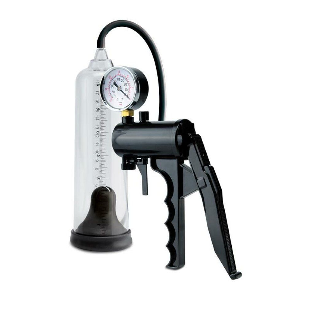Pumpe mit Manometer und Messskala. Schwarzer Griff und Zylinder. Transparenter Zylinder mit schwarzem Einsatz.