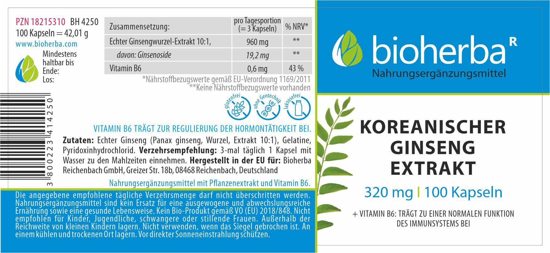 Etikett mit weißem Hintergrund, blauem Streifen und grünem Blatt. Text: Koreanischer Ginseng Extrakt, 320 mg, 100 Kapseln.