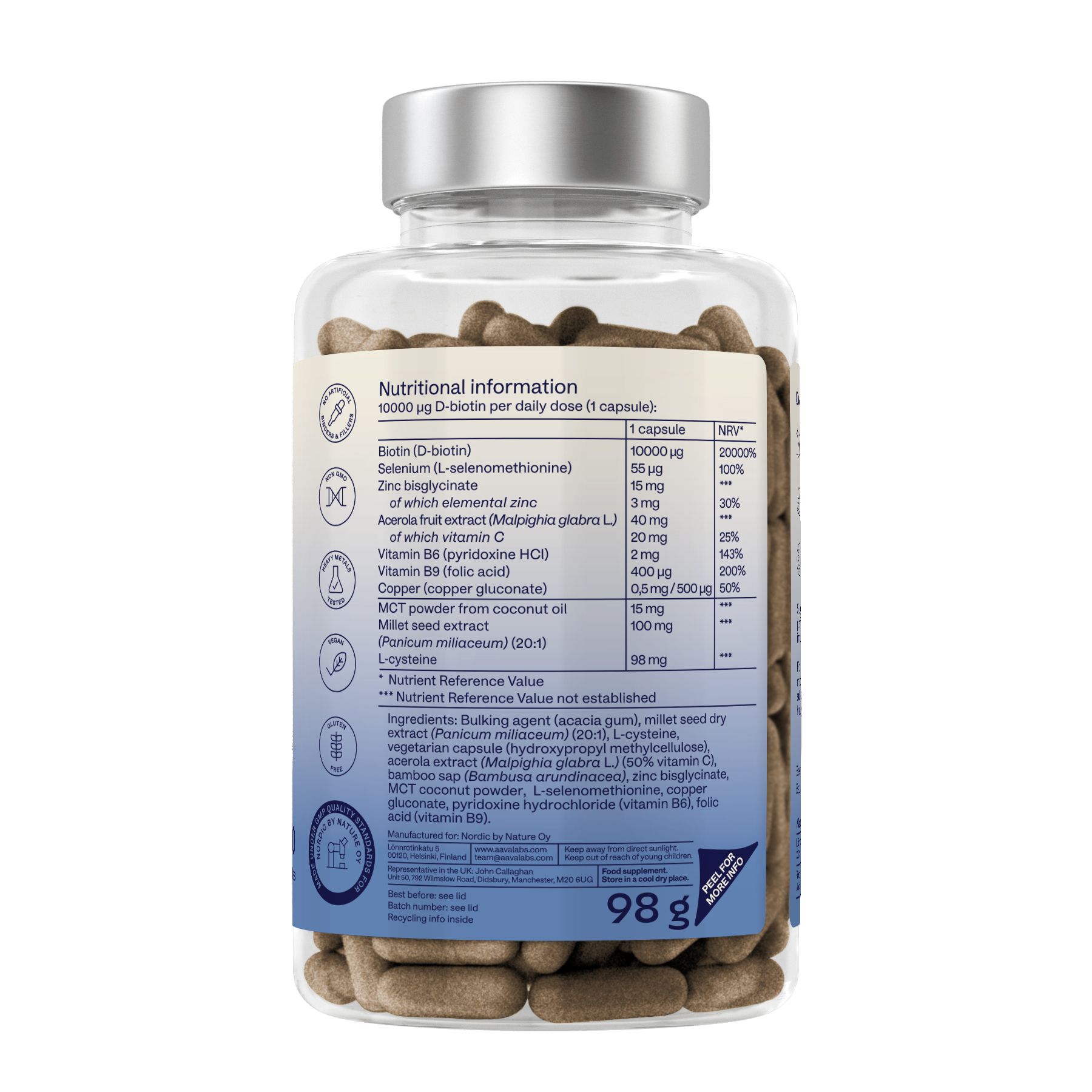 Rückseite einer Aavalabs Biotin Komplex Flasche mit Nährwertangaben und Inhaltsstoffen.