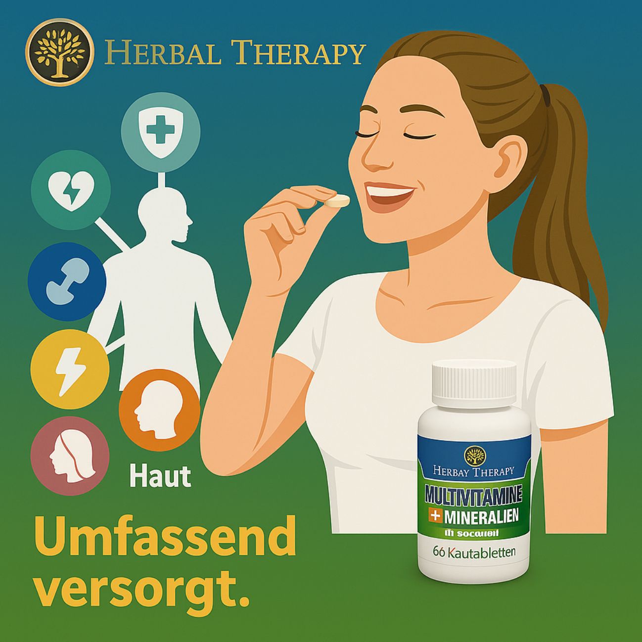 Weiße Flasche mit Schraubverschluss. Aufschrift: Herbal Therapy, Multivitamine + Mineralien Erwachsene. 60 Kautabletten. Frau nimmt Tablette.